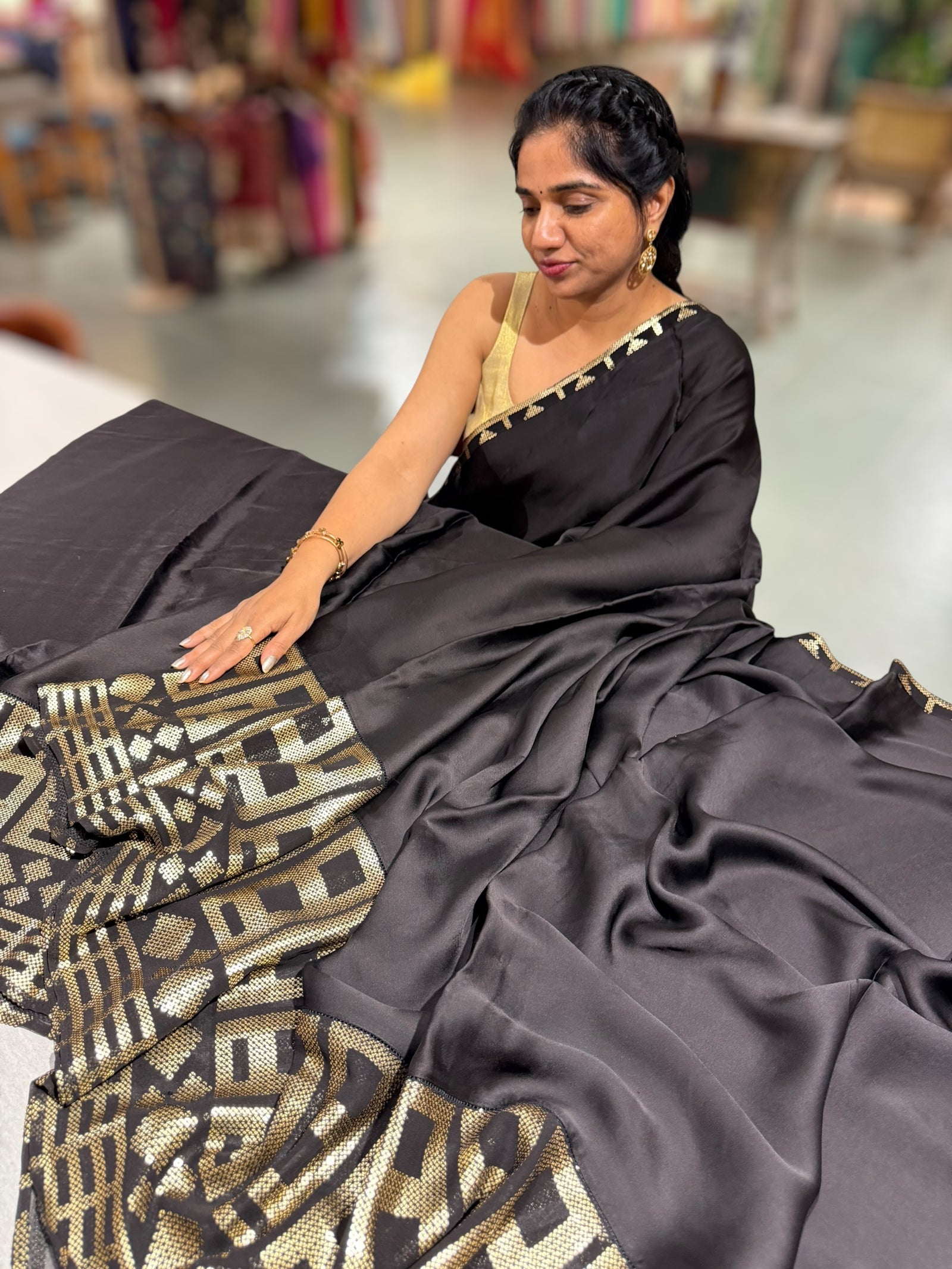 Black pure Satin Saree with designer sequence border and blouse