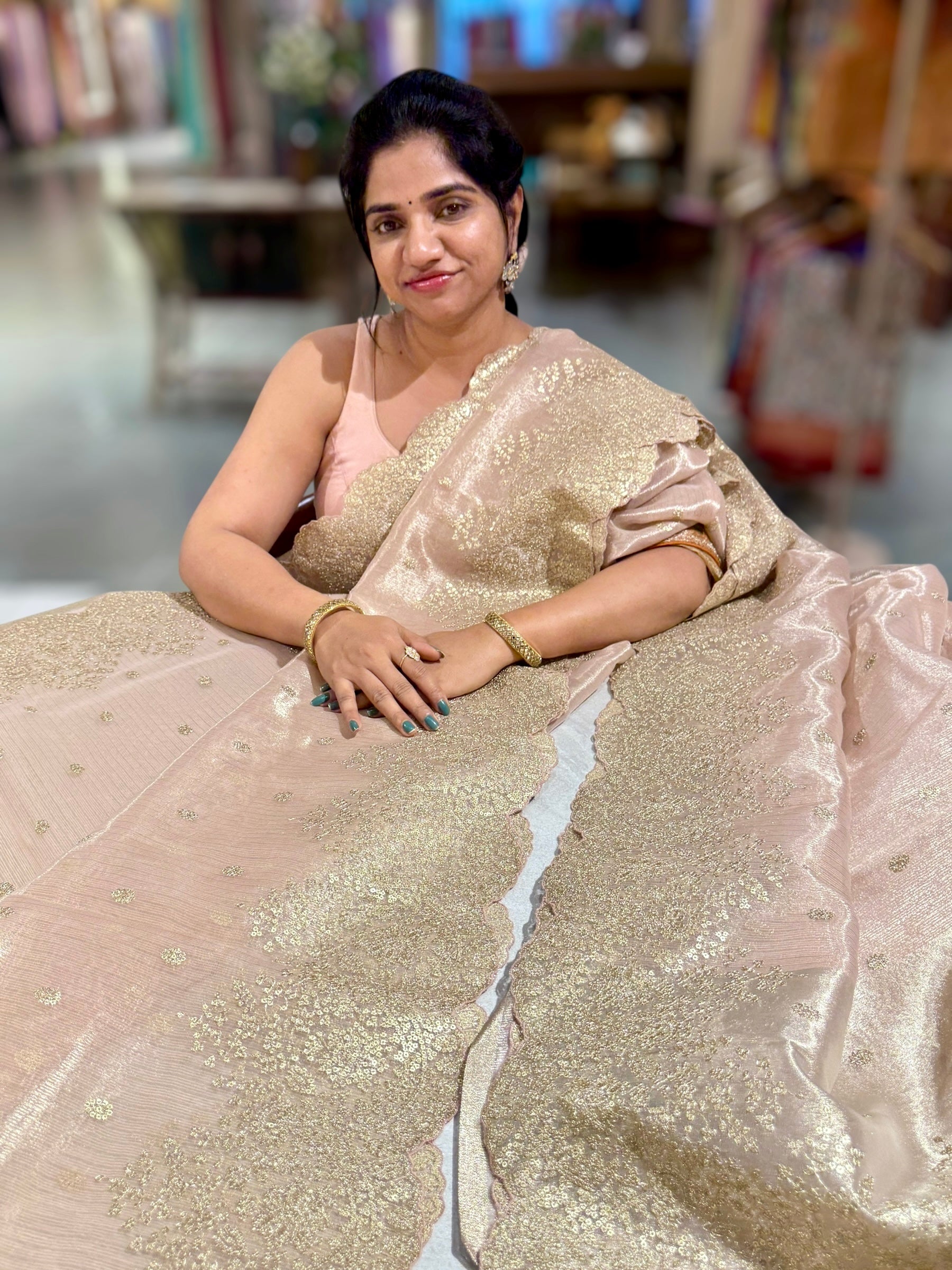 Pastel Pink Tissue Saree with Heavy Sequence Embroidered Scallop Border