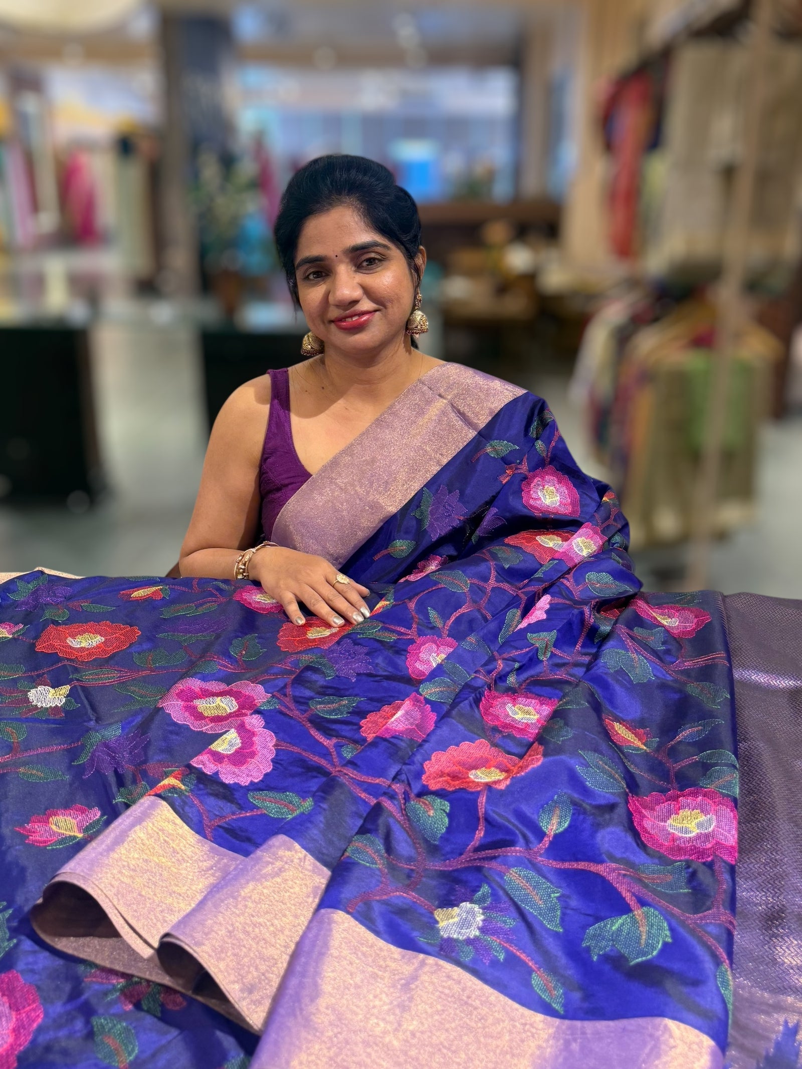 Violet Kanchi Soft Silk Saree with allover jamdani inspired embroidery
