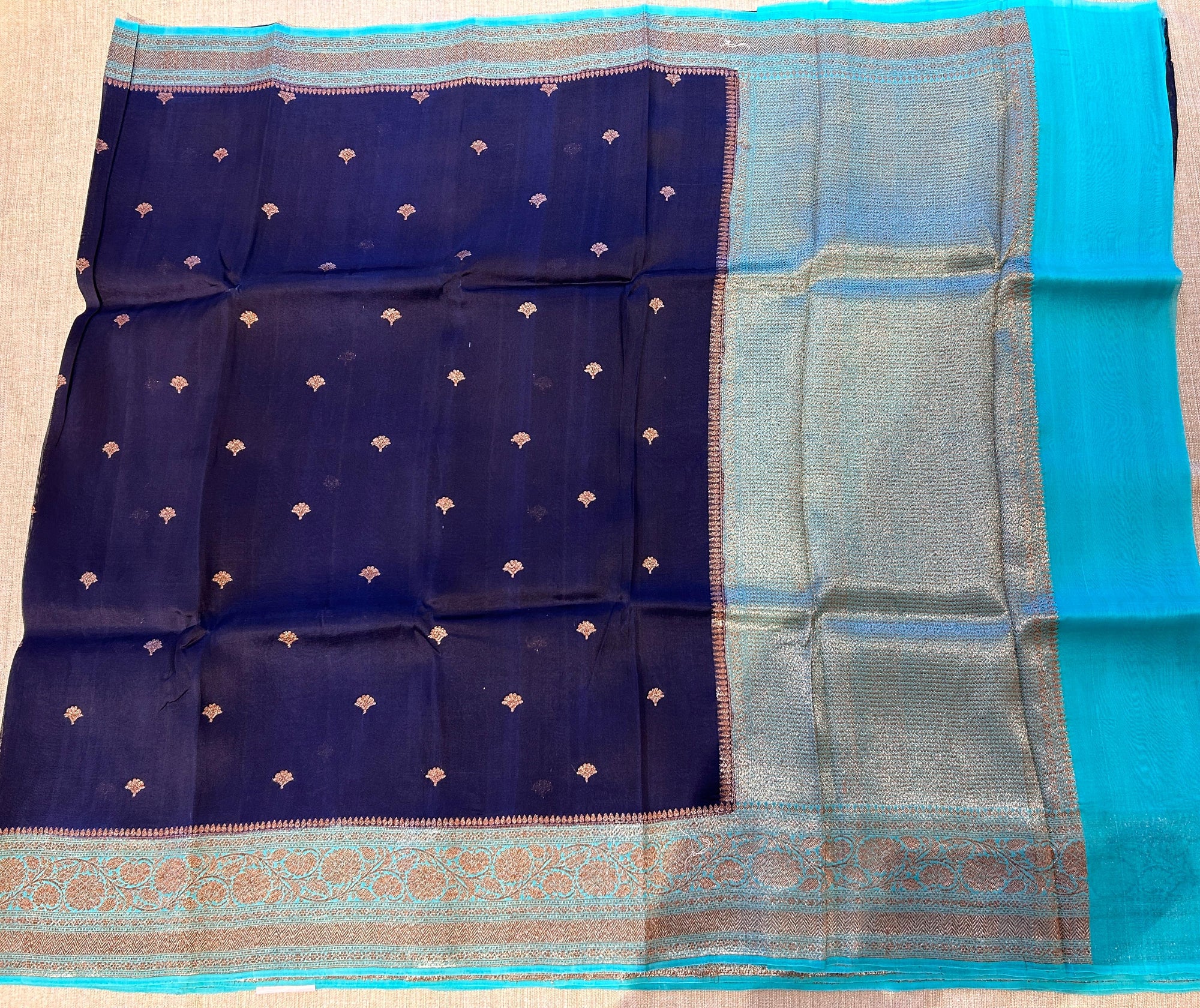 Purplish navy with blue Combo Pure Handloom premium Kora Banarasi Saree