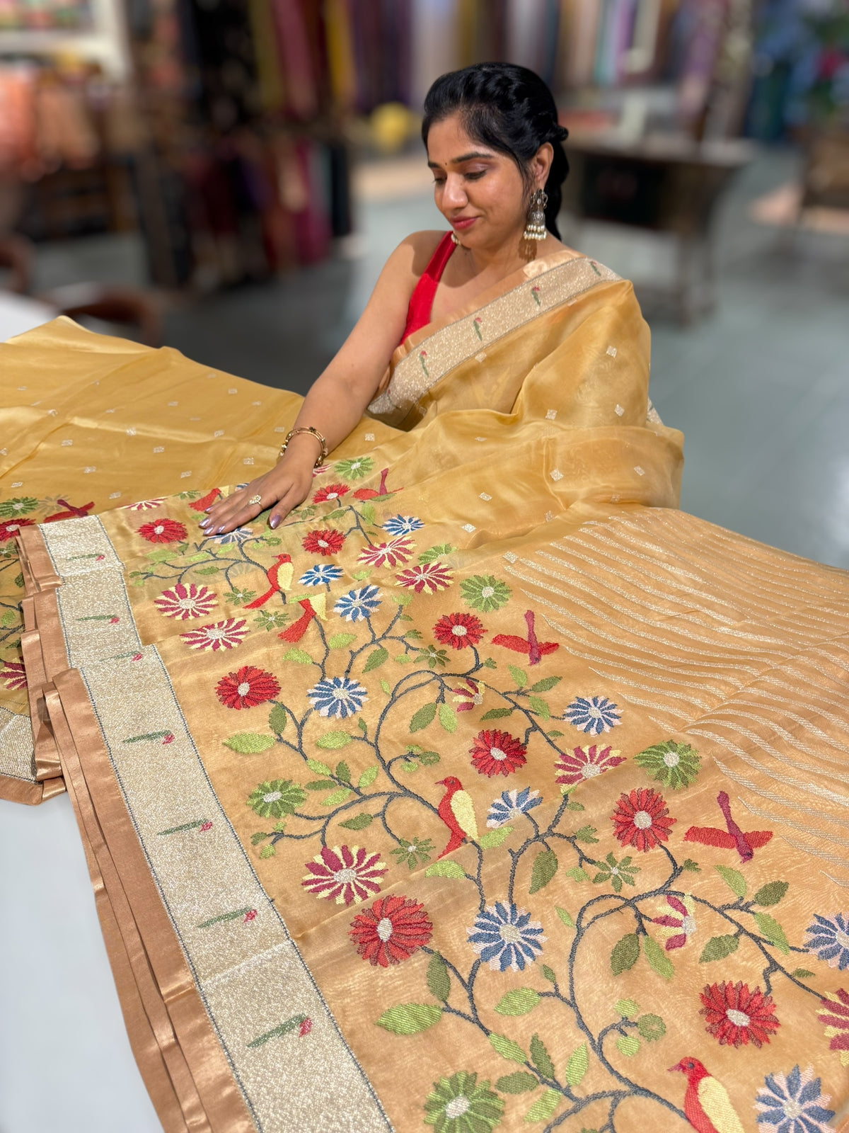 Sandalwood color Pure Organza Saree with pythani insipred embroidery