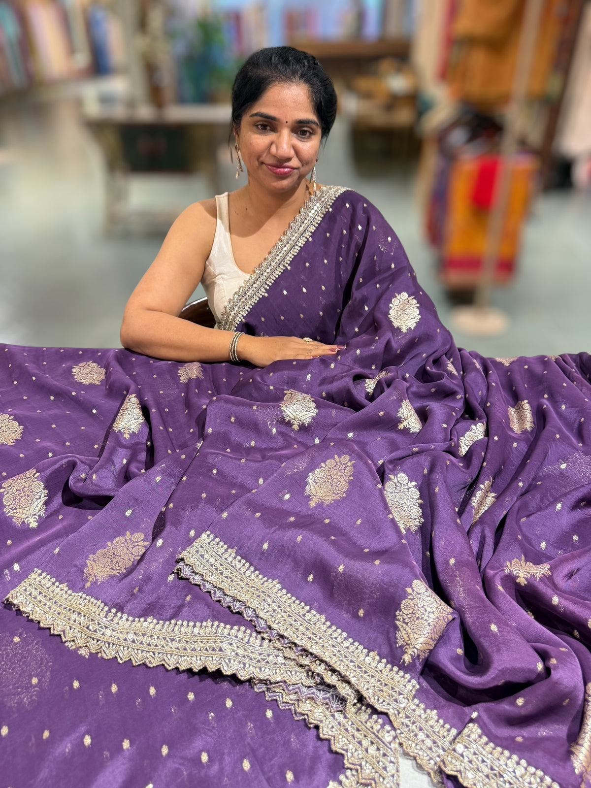 Violet Tissue Georgette Saree heavy handwork border paired with ready to wear blouse