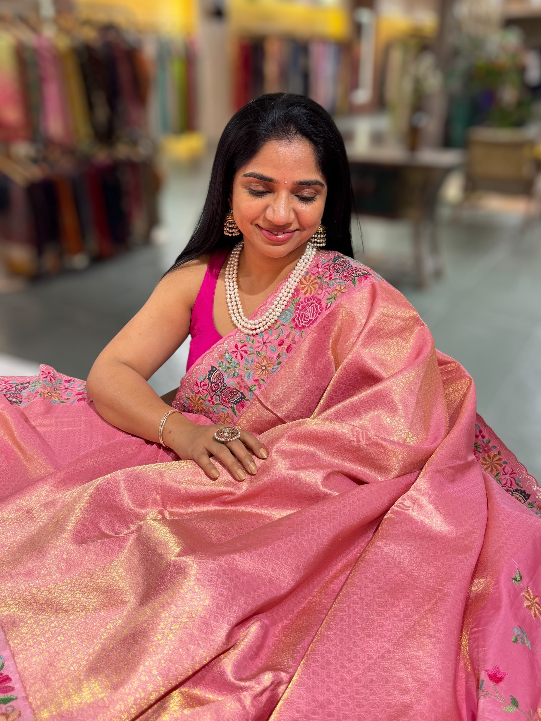 Coral Pink Kanjeevaram Brocade Saree with Petite Point Embroidered Border