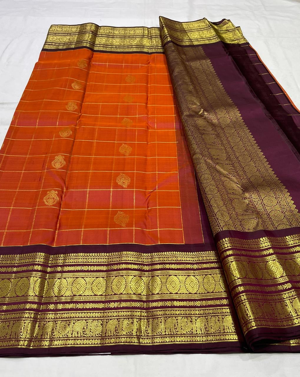 Rust Orange & winish Brown Combo Vintage Checks Kanjeevaram Saree
