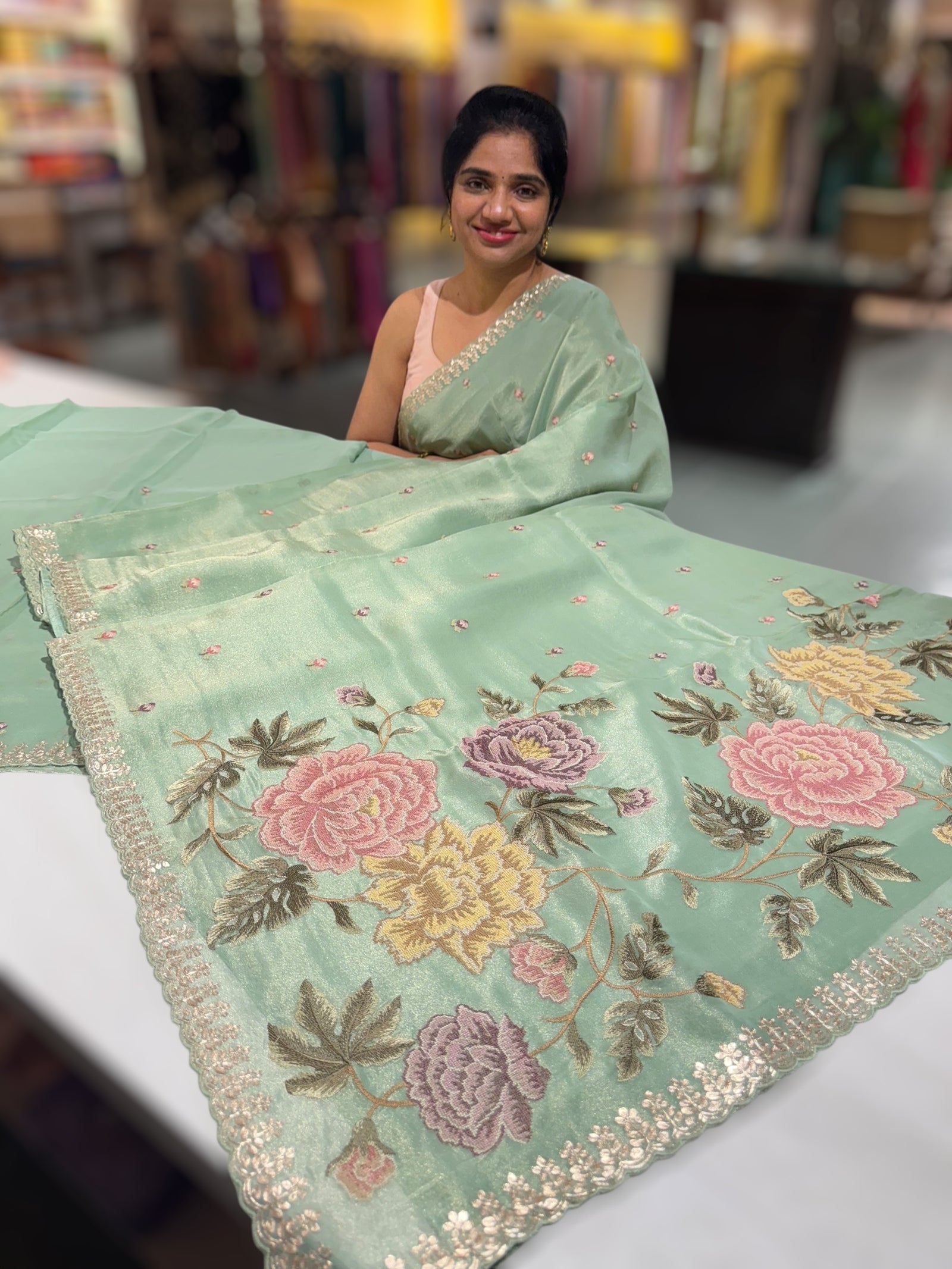 Mint Tissue Georgette Saree with petite point emb