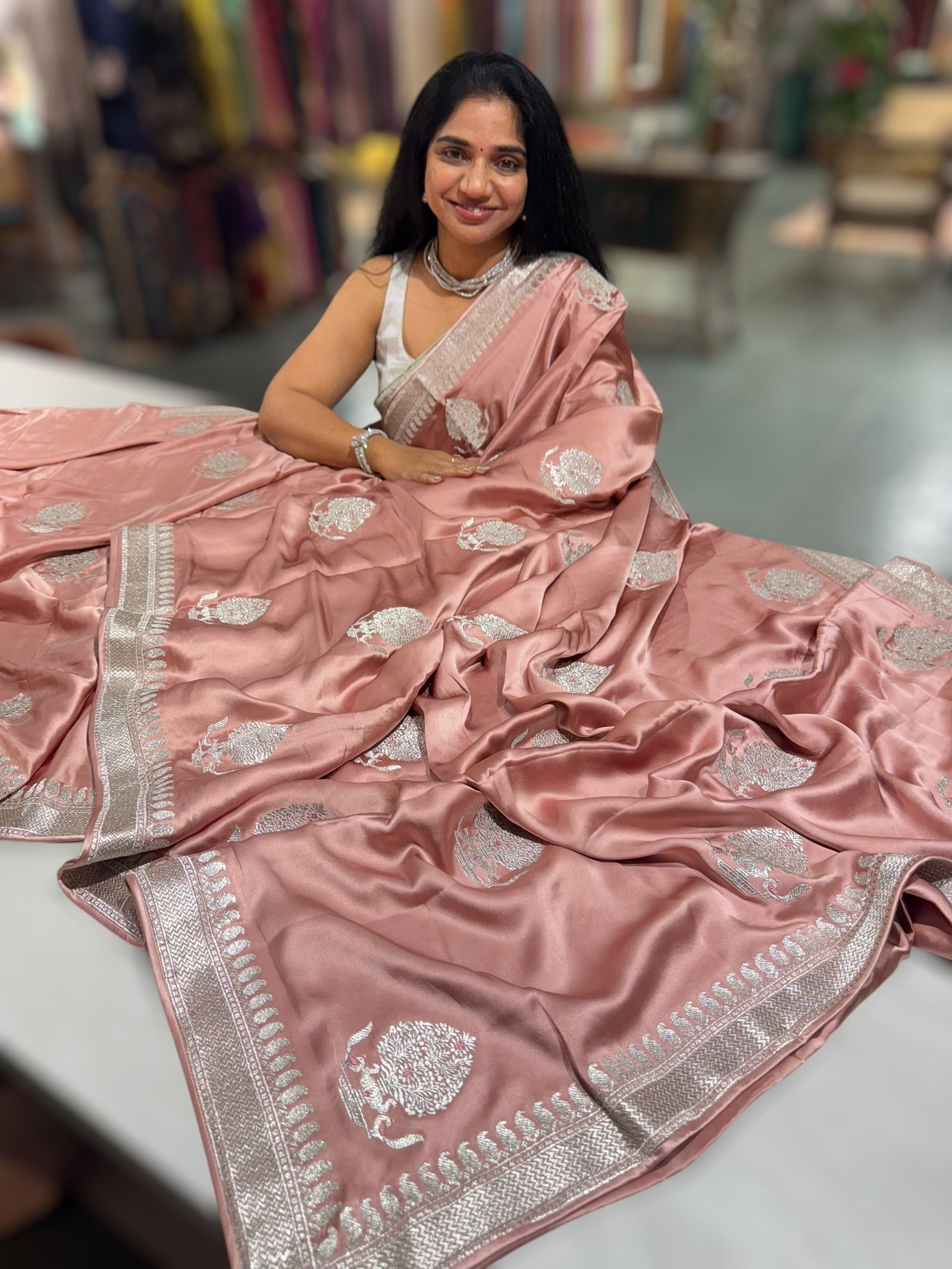 Onion Pink Pure Satin Saree with Embroidery.