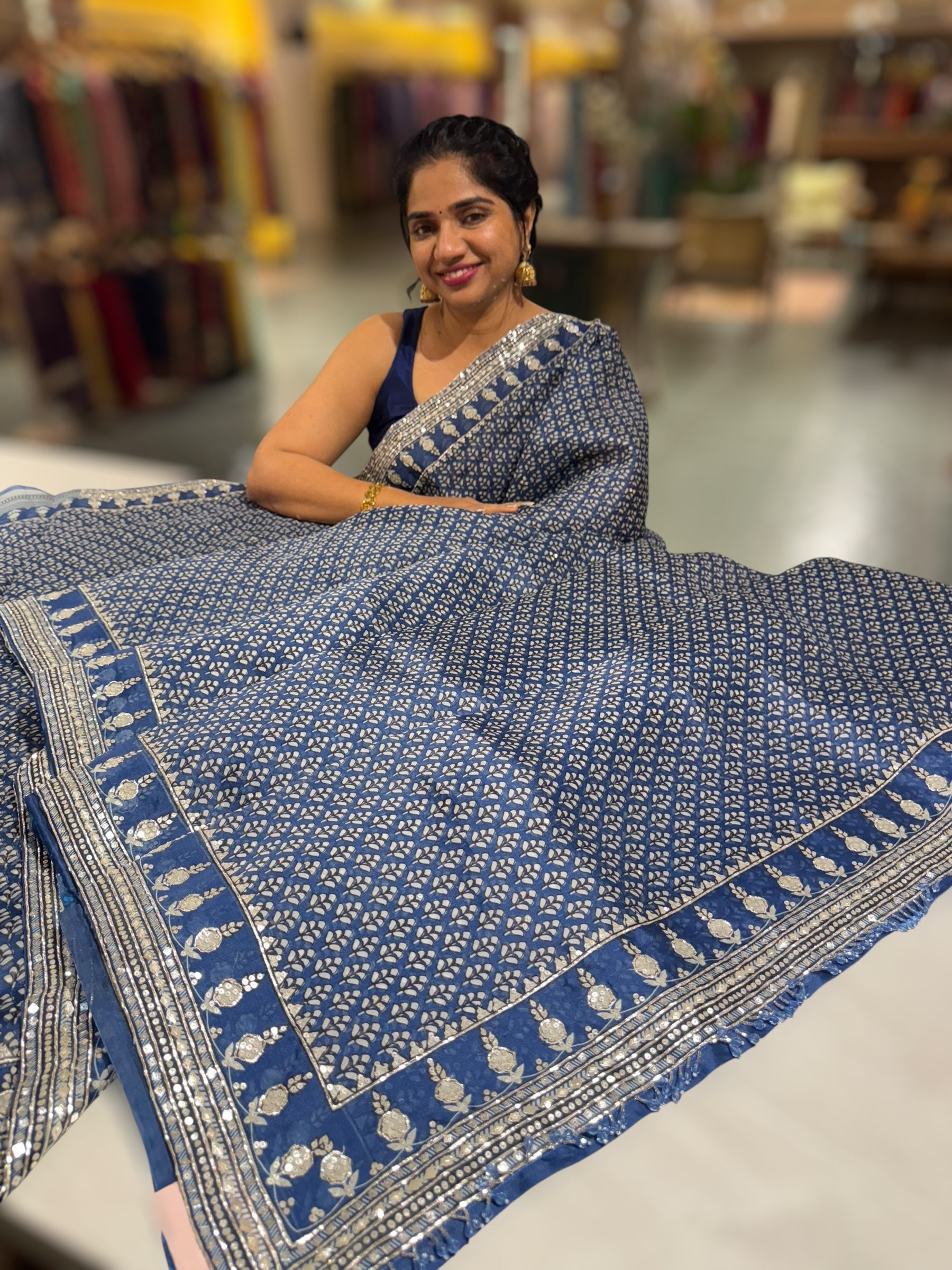 Kareena Kapoor Inspired Indigo Pure Organza Printed Saree with Handwork border and Blouse