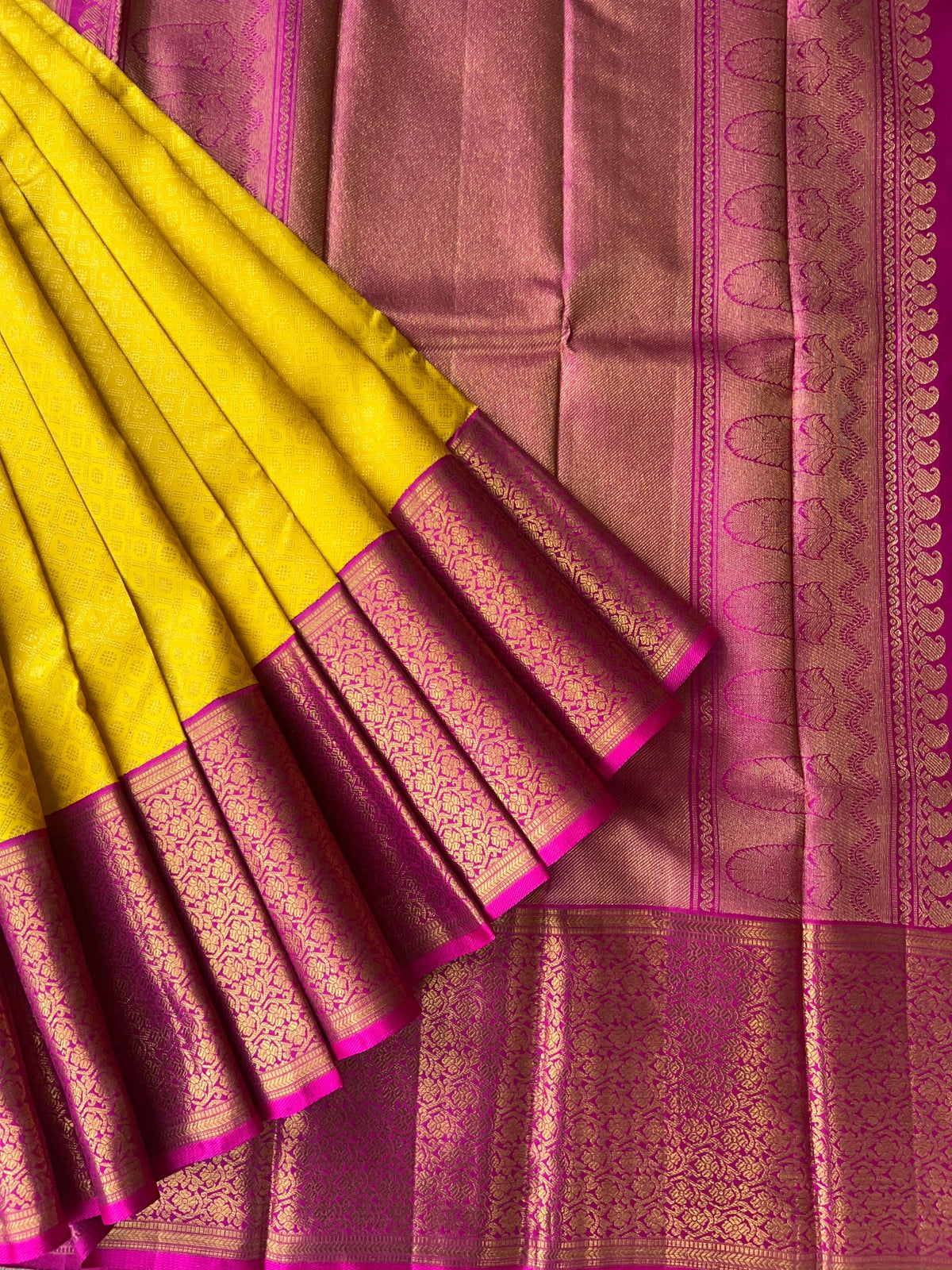 Yellow and Rani Pink Combo kanchi brocade designer kuttu border saree