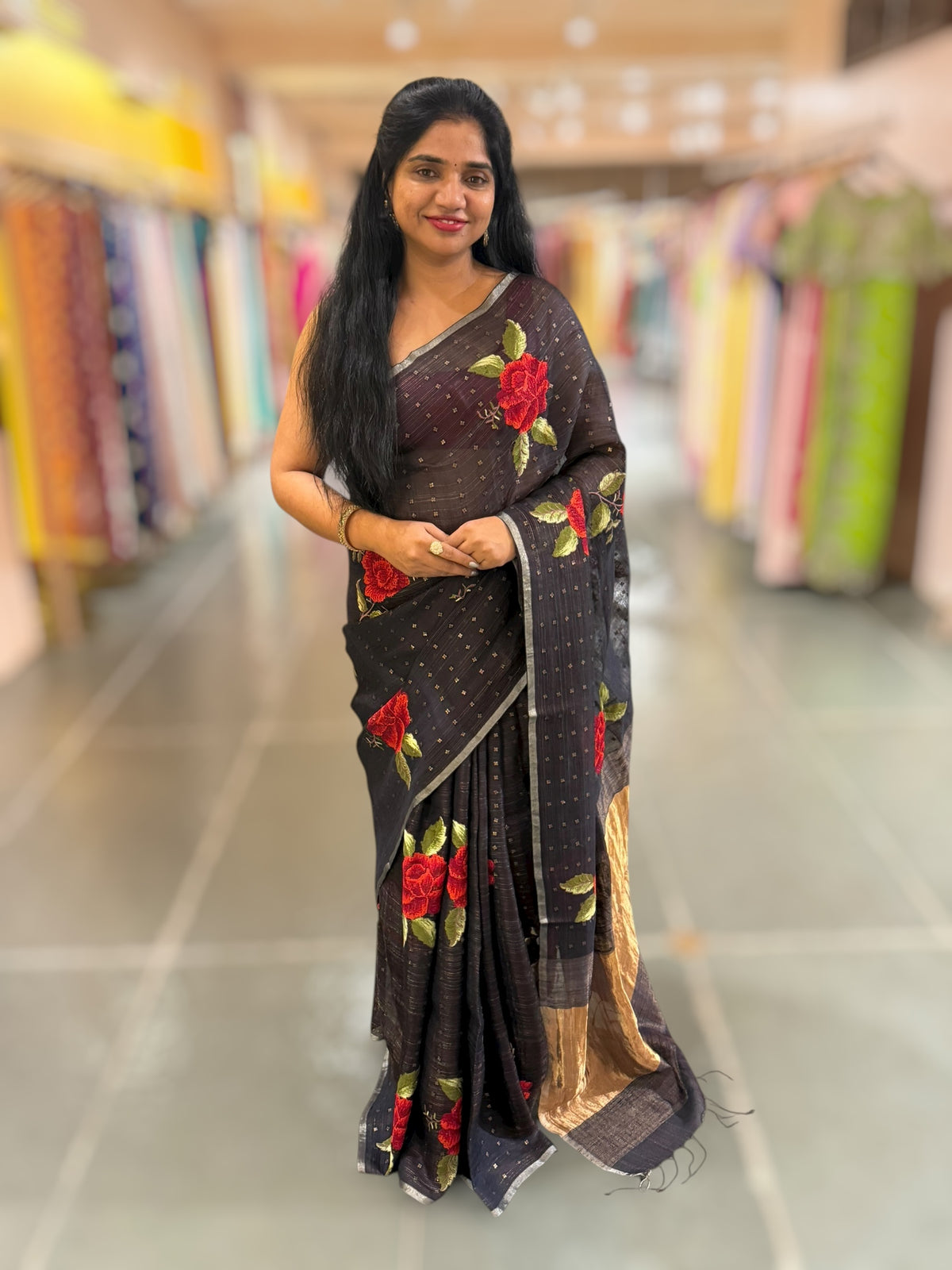 Darkest Midnight Blue Tussar Kota Saree with embedded sequnce and hibuscus flower embroidery