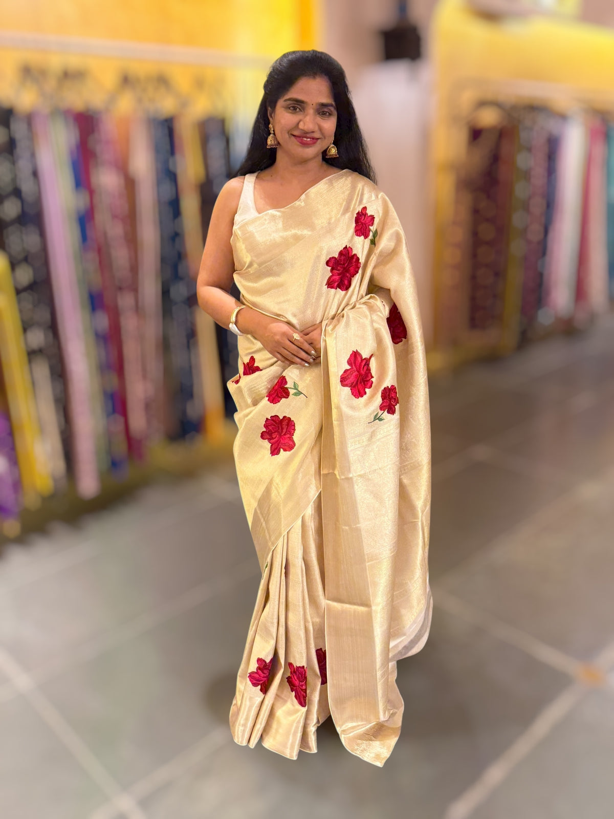 Ivory Kanjeevaram Brocade Saree With Hibiscus Floral bunches embroidery