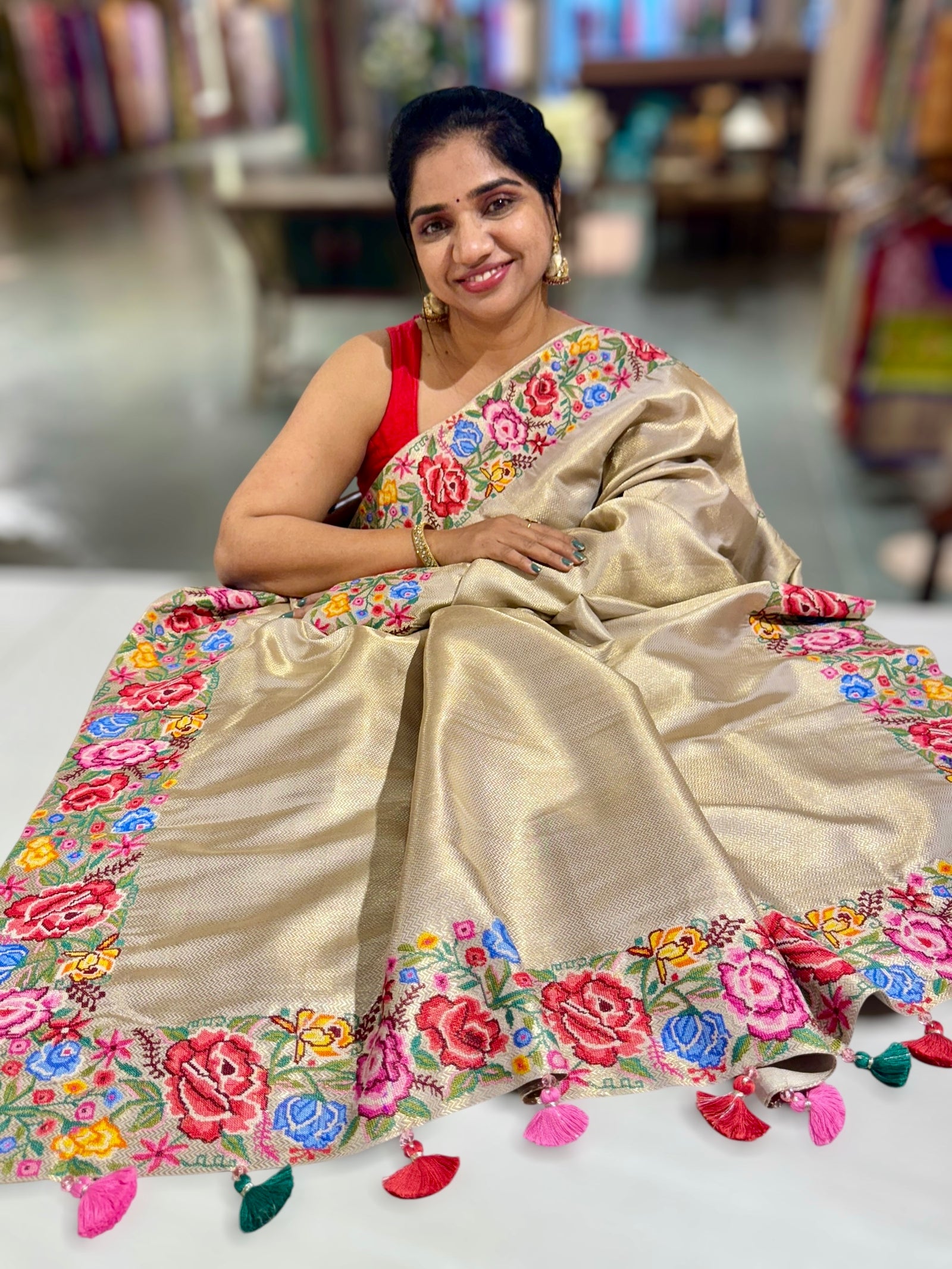 Beigish Taupe Green Kanchi Brocade Tissue Saree with Petite Point Embroidered Border