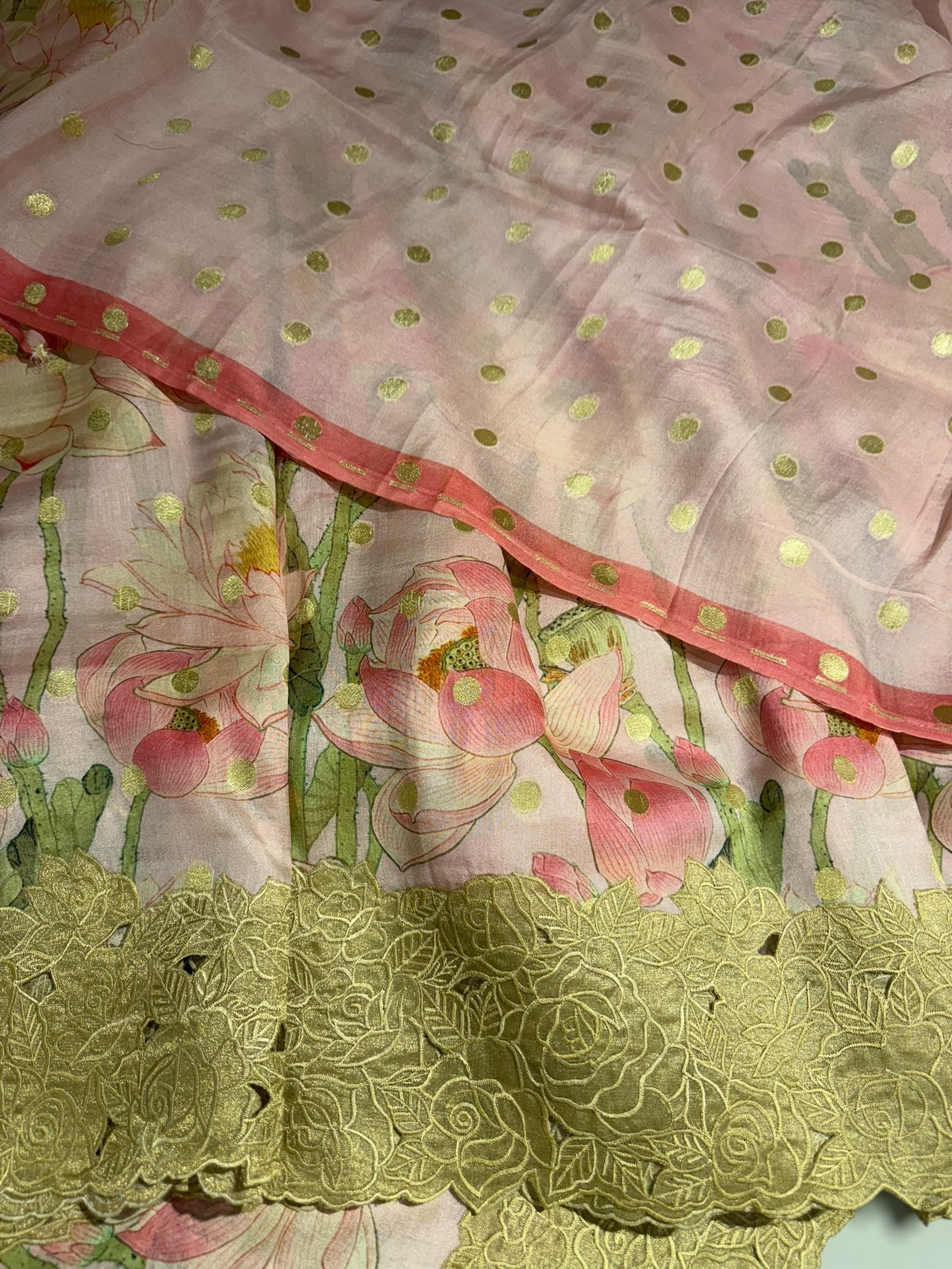 Baby Pink Banarasi Munga Printed Tussar Khaddi With Tissue cutwork Rose Border