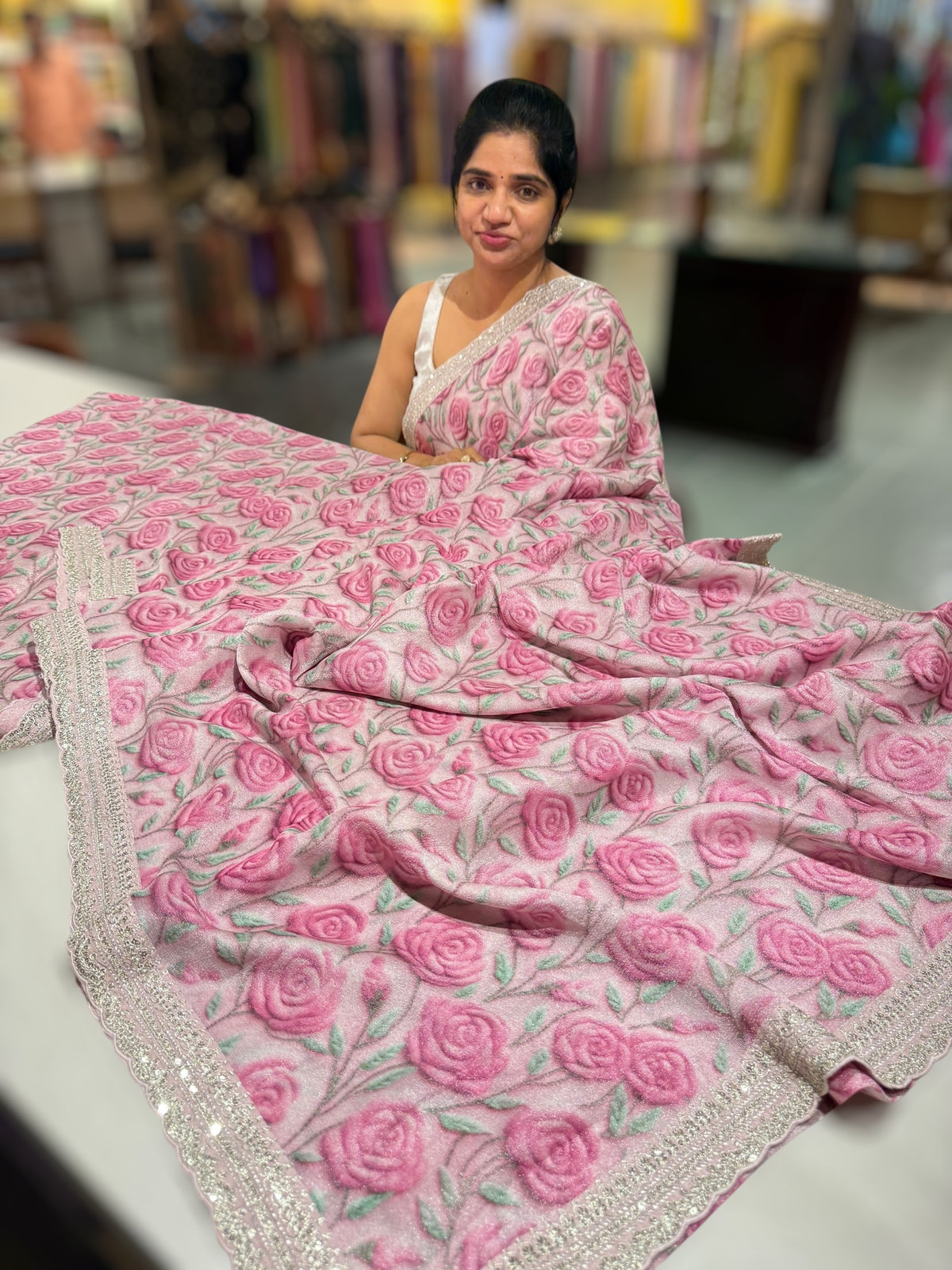 Light Rose Tissue Georgette Saree