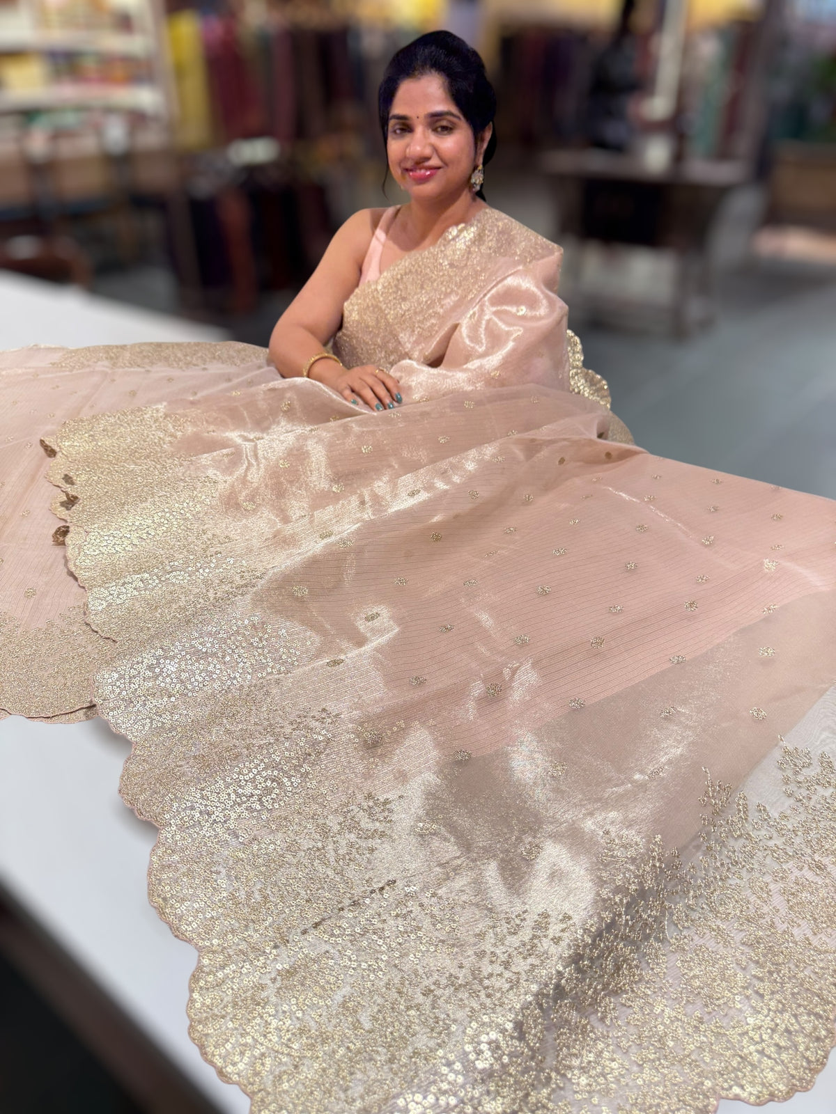 Pastel Pink Tissue Saree with Heavy Sequence Embroidered Scallop Border