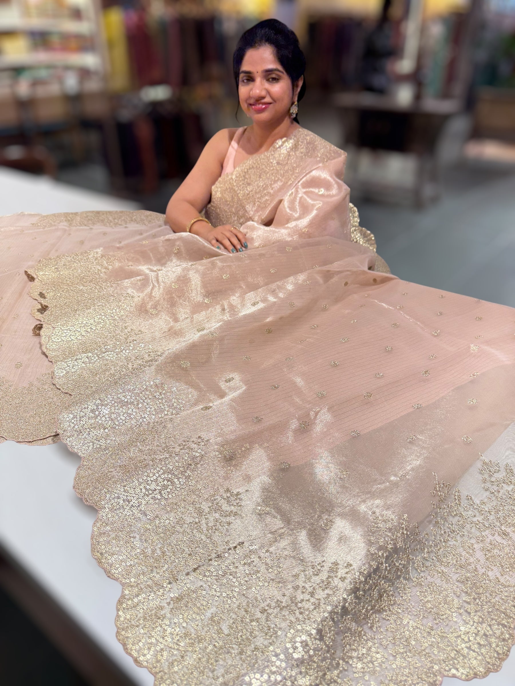 Pastel Pink Tissue Saree with Heavy Sequence Embroidered Scallop Border