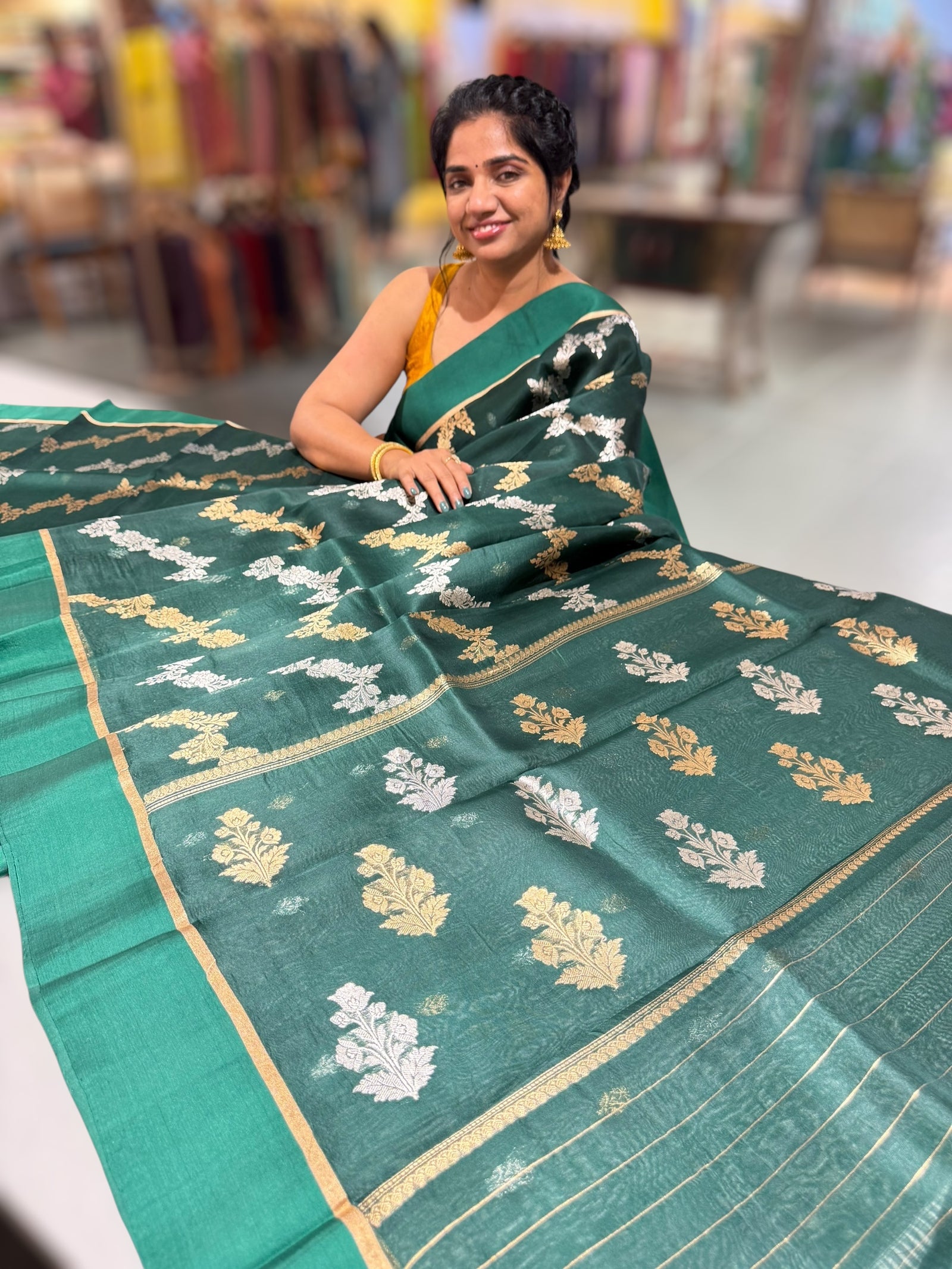 Bottle Green Kora Banarasi Saree in half & half style