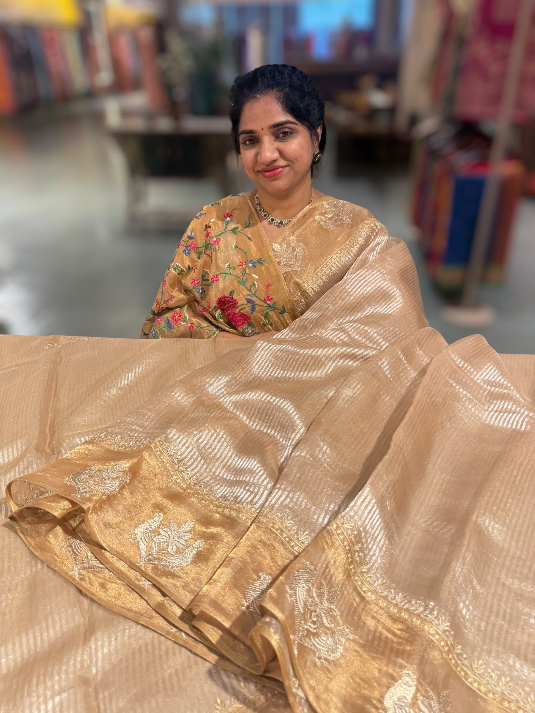 Gold Kora tissue silver stripes Saree with double parrot  embroidered tissue border