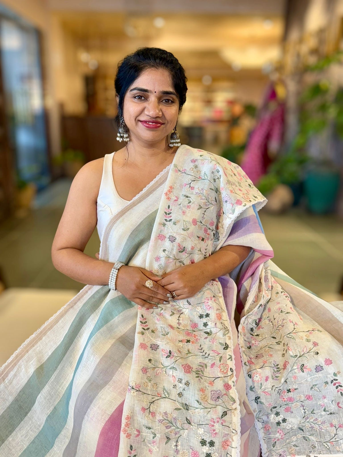 Lenin Saree with Multi Colors stripes and Embroidered Border