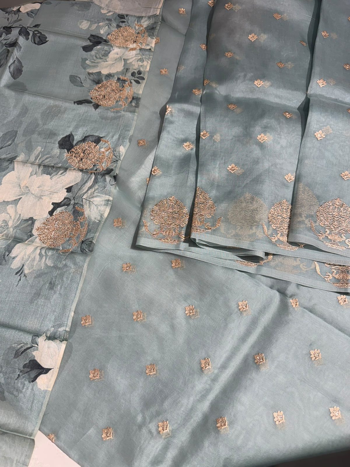 Powder Blue Organza Saree With Embroidered Motifs & Tussar Printed Blouse