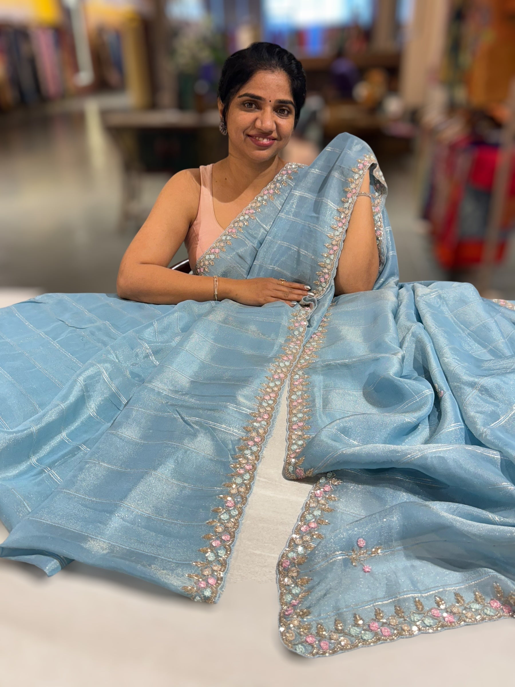Tissue Gorgette Saree With Handwork Border and Blouse.