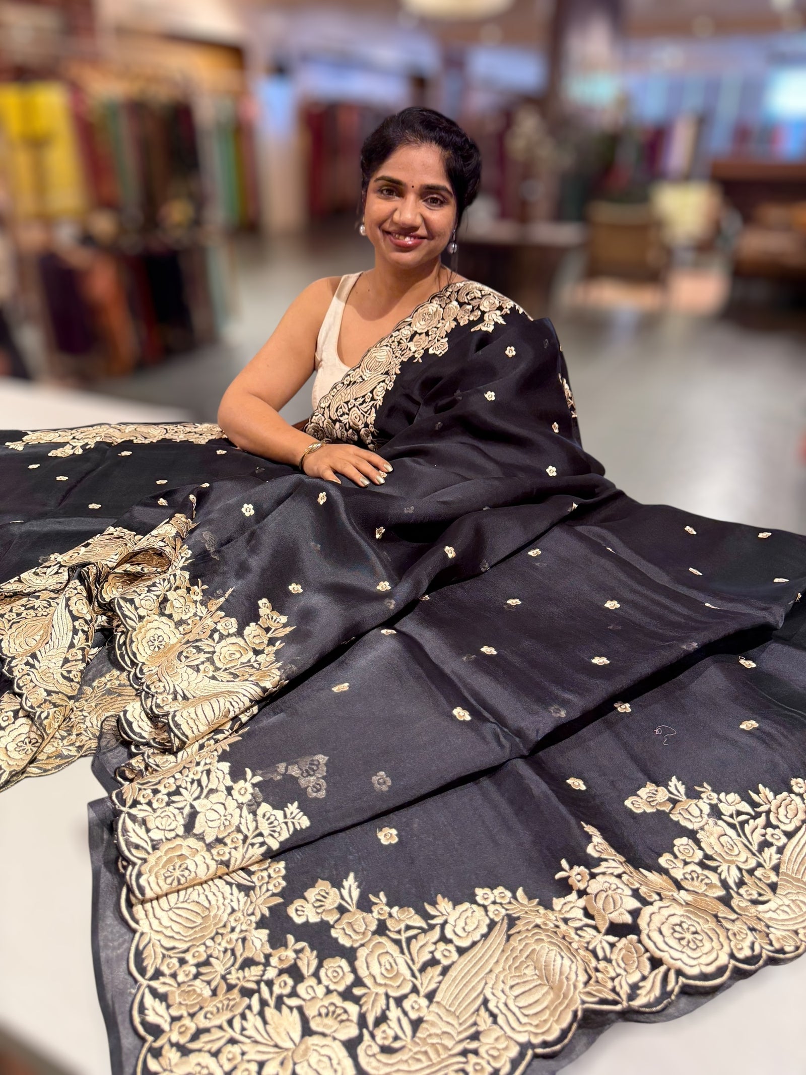 Black Organza Saree with Parsi Gara Embroidered Border