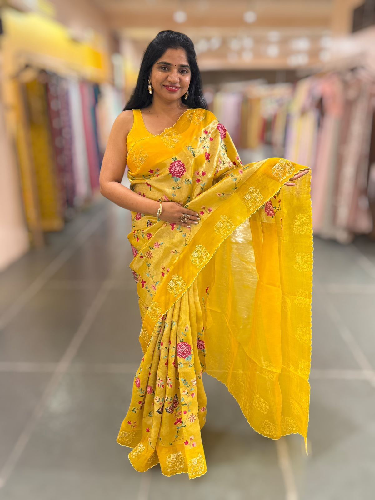 Mango Yellow Premium Handloom Designer Tissue saree with exquisite embroidery