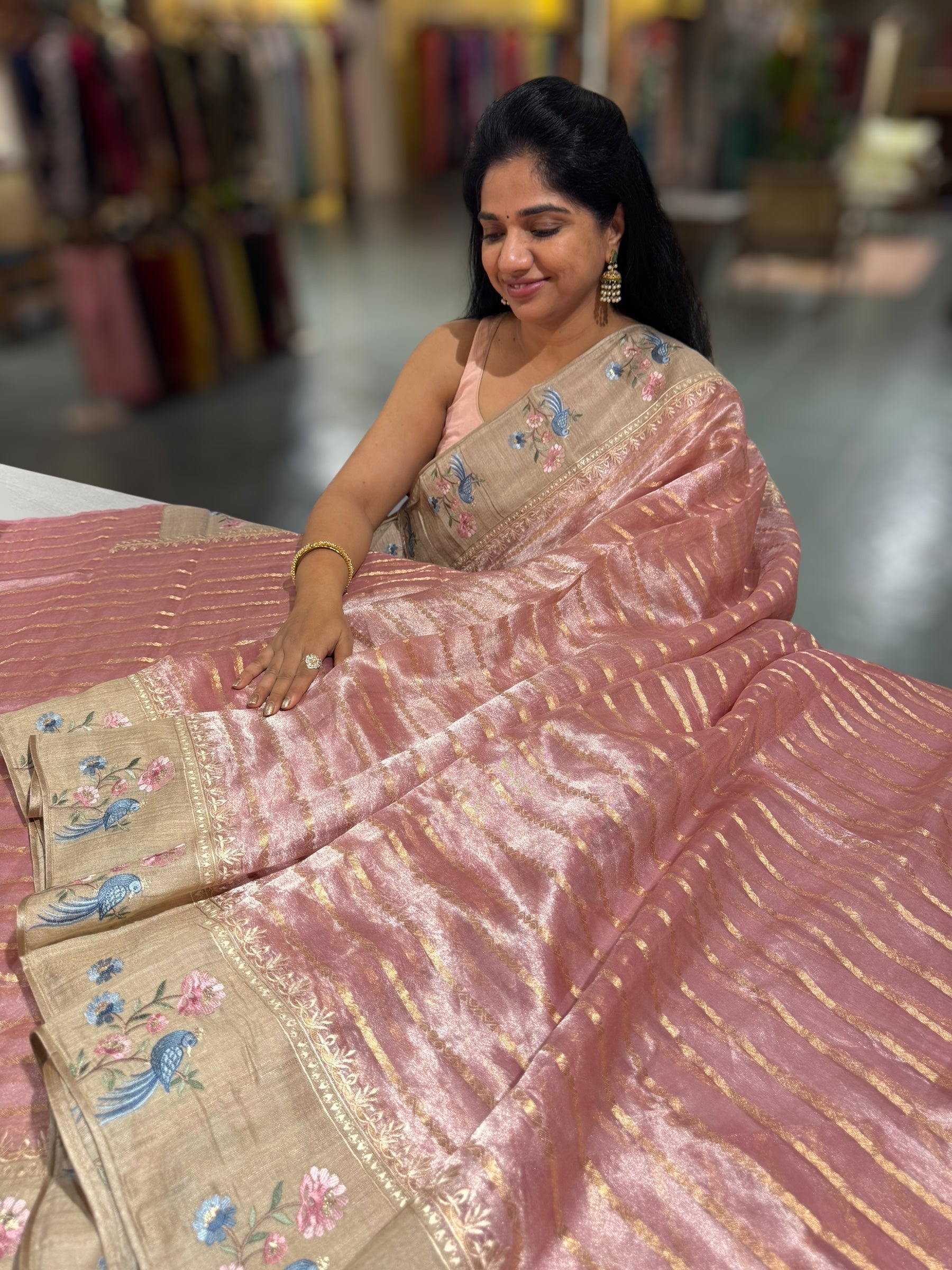 Dusty Pink Pure Handloom Tissue Saree with pure Tussar embroidered border