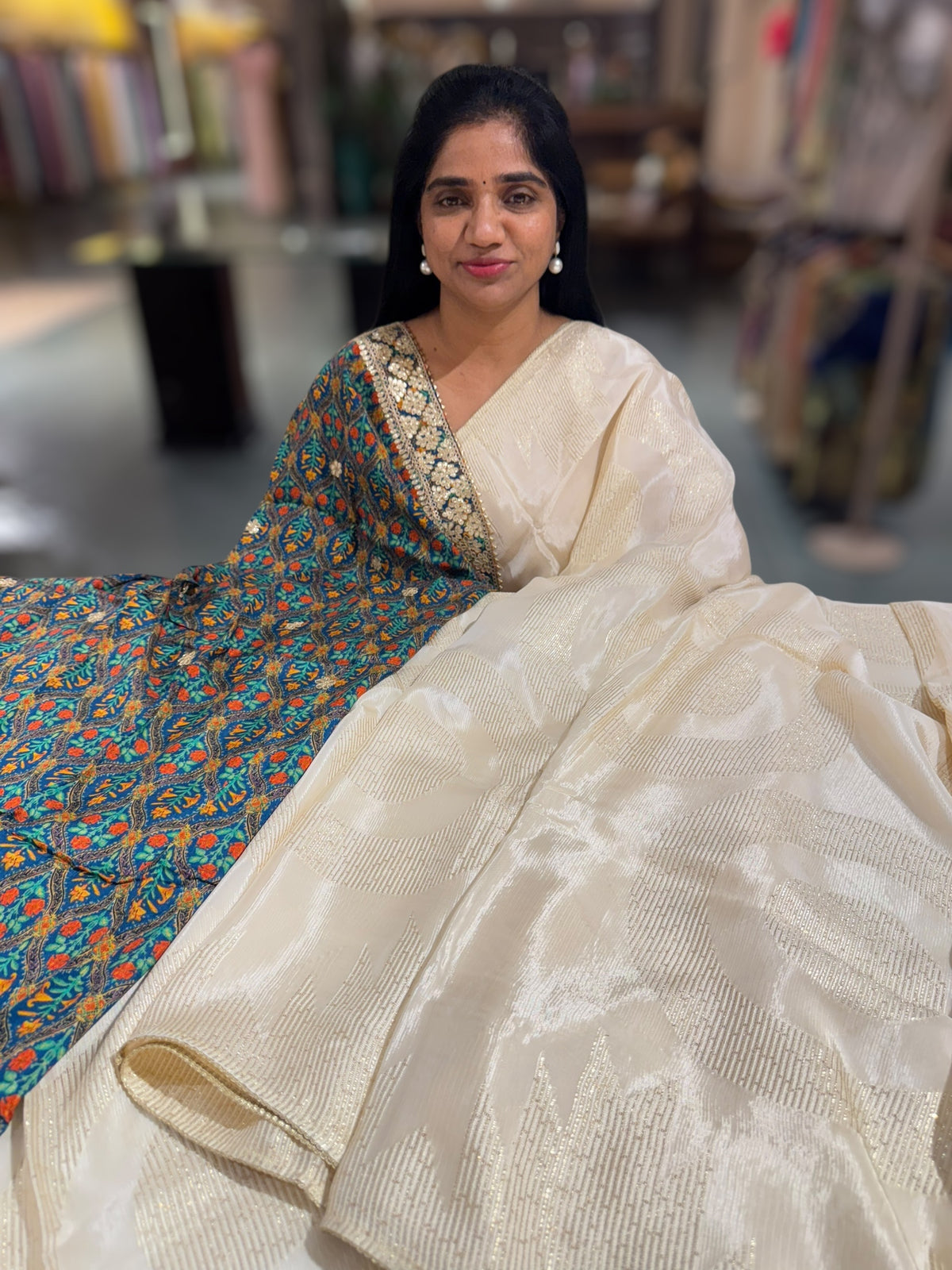 Ivory Chinnon saree with threadwork
