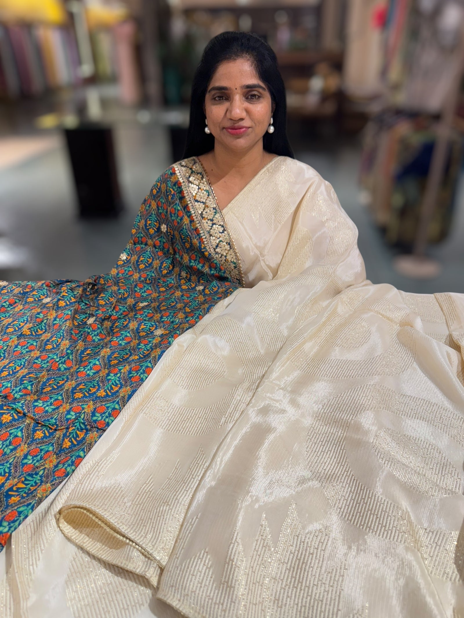 Ivory Chinnon saree with threadwork