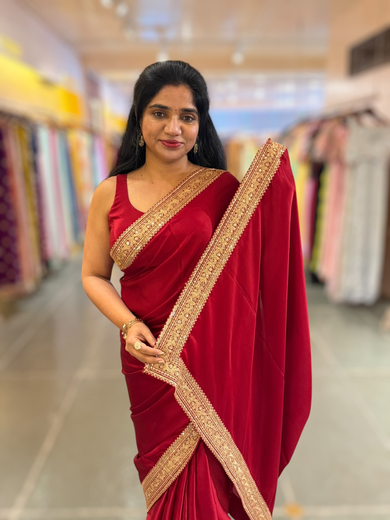 Maroon Red Pure Satin Saree with Sabhyasachi Borders