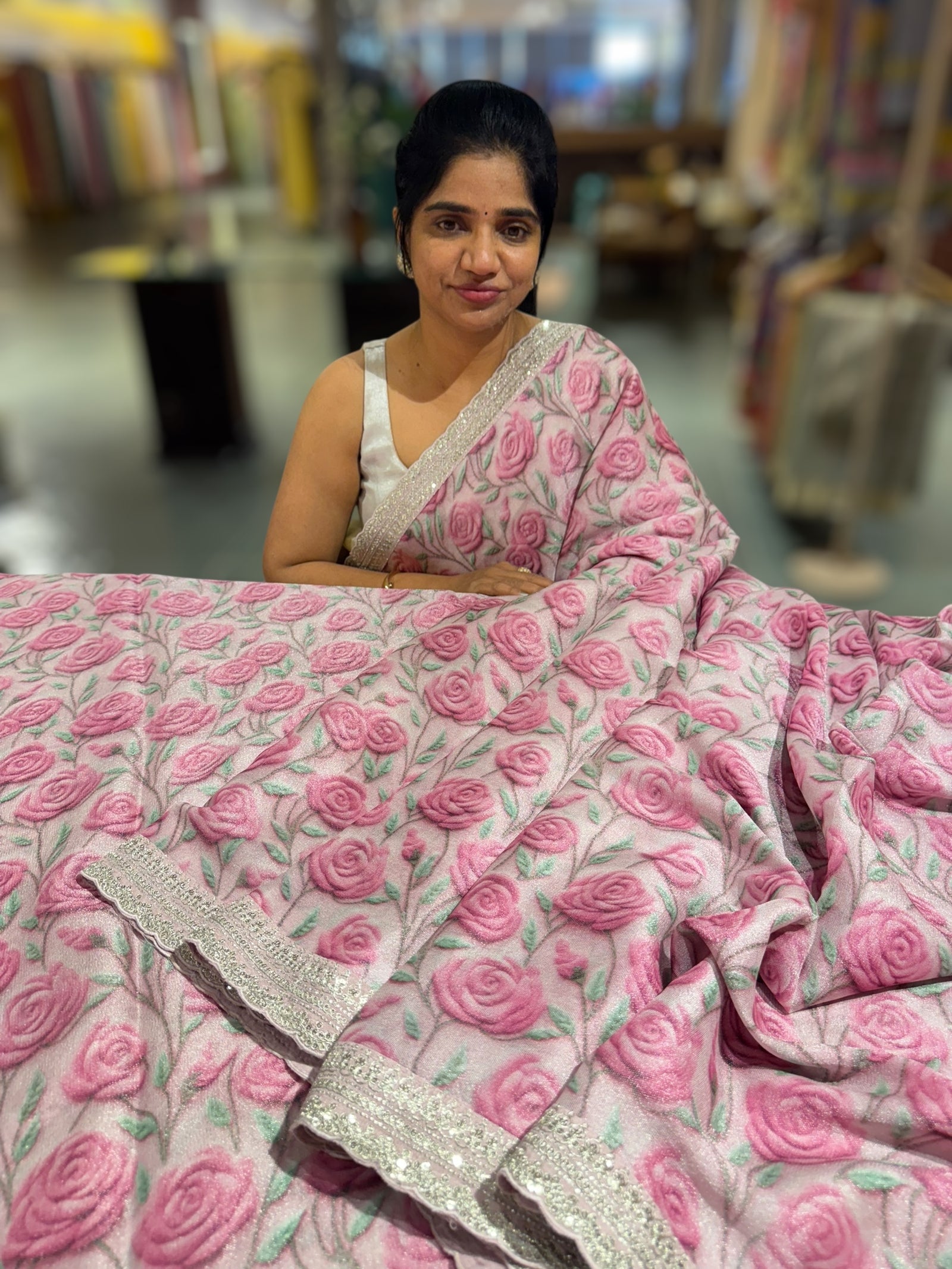 Light Rose Tissue Georgette Saree