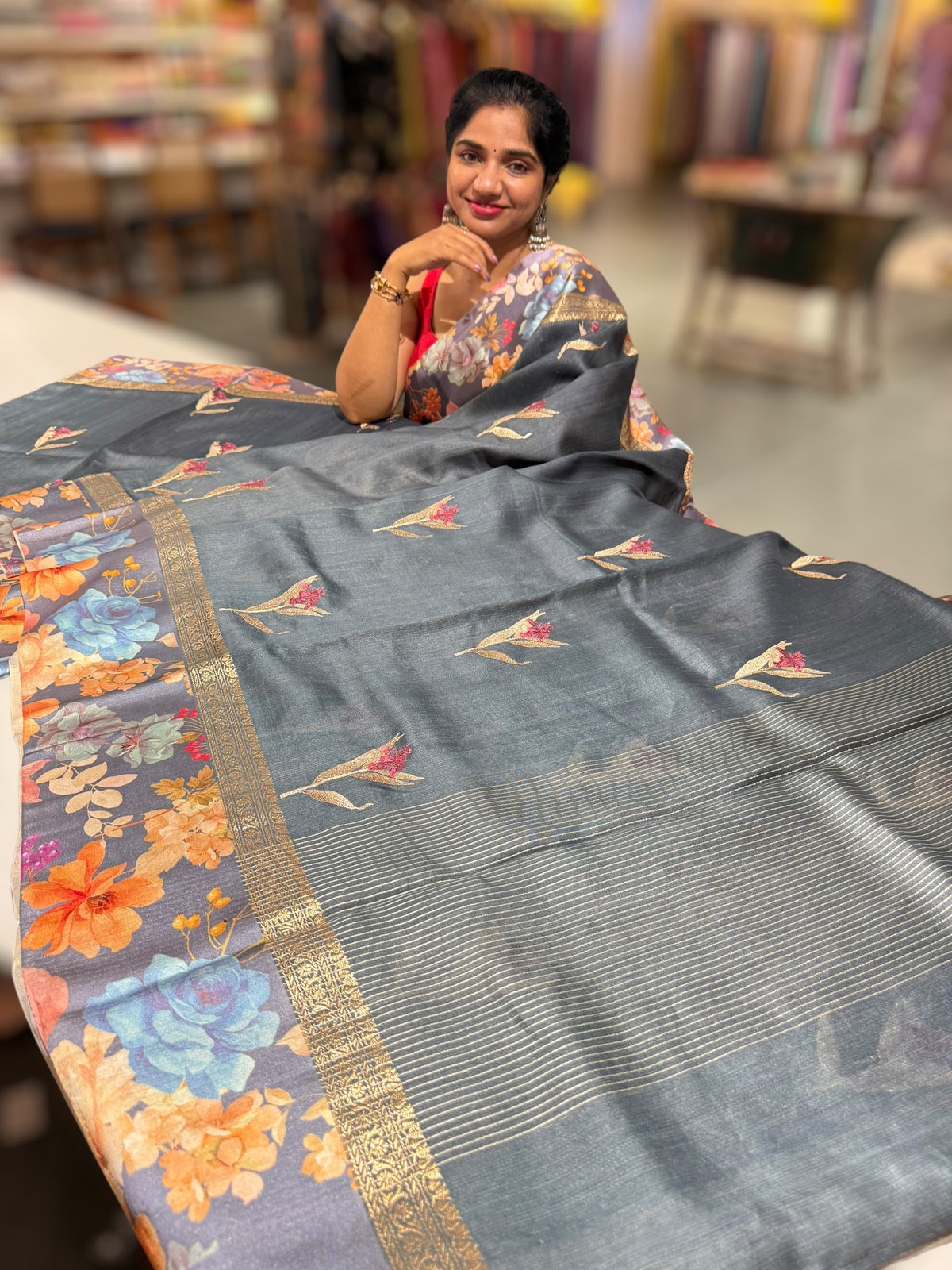 Elephant Grey Tussar Dhupion Saree with Floral printed mashru borders