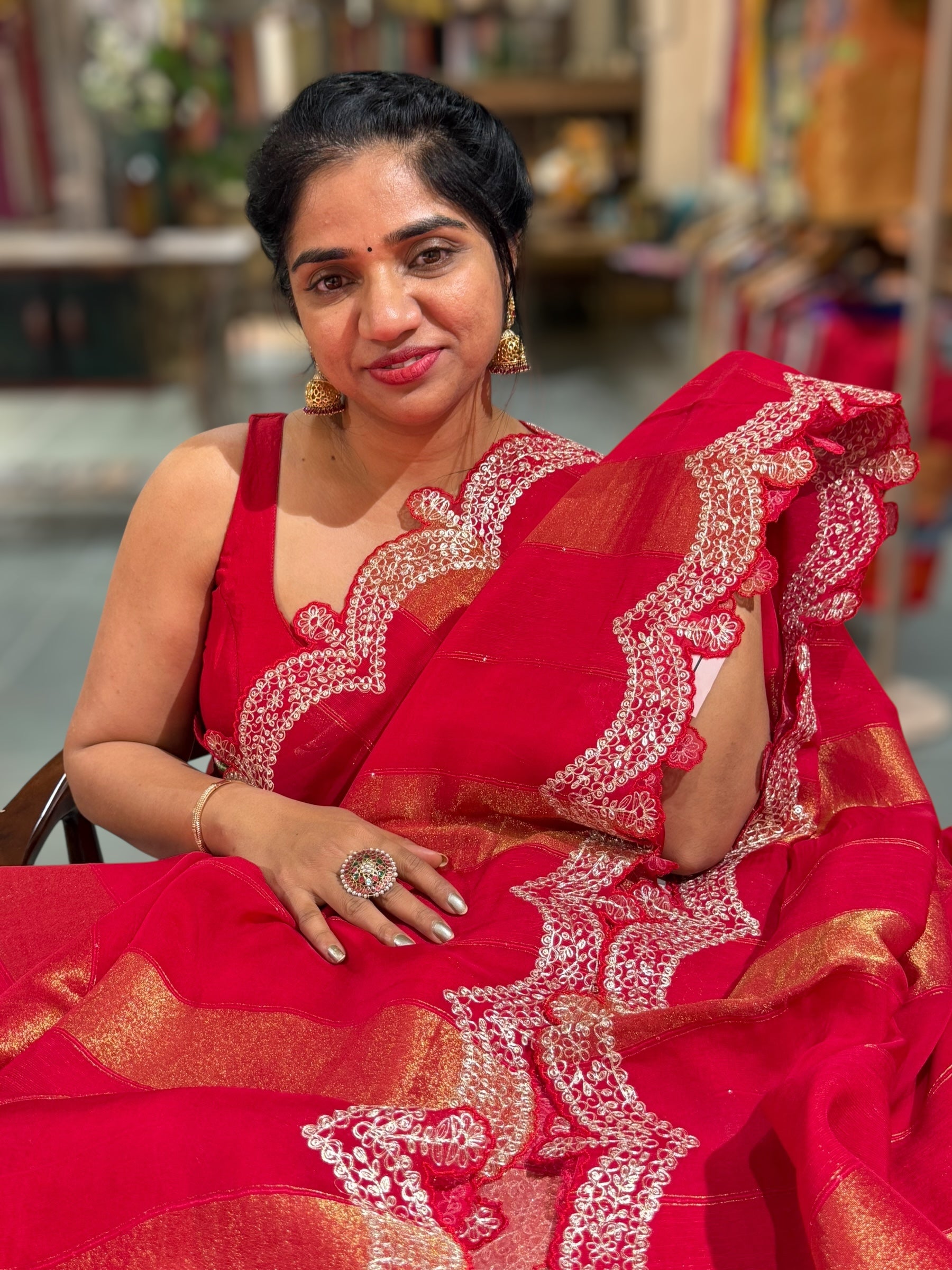 Red Organza and Tissue stripes Saree with Pita Embroidery