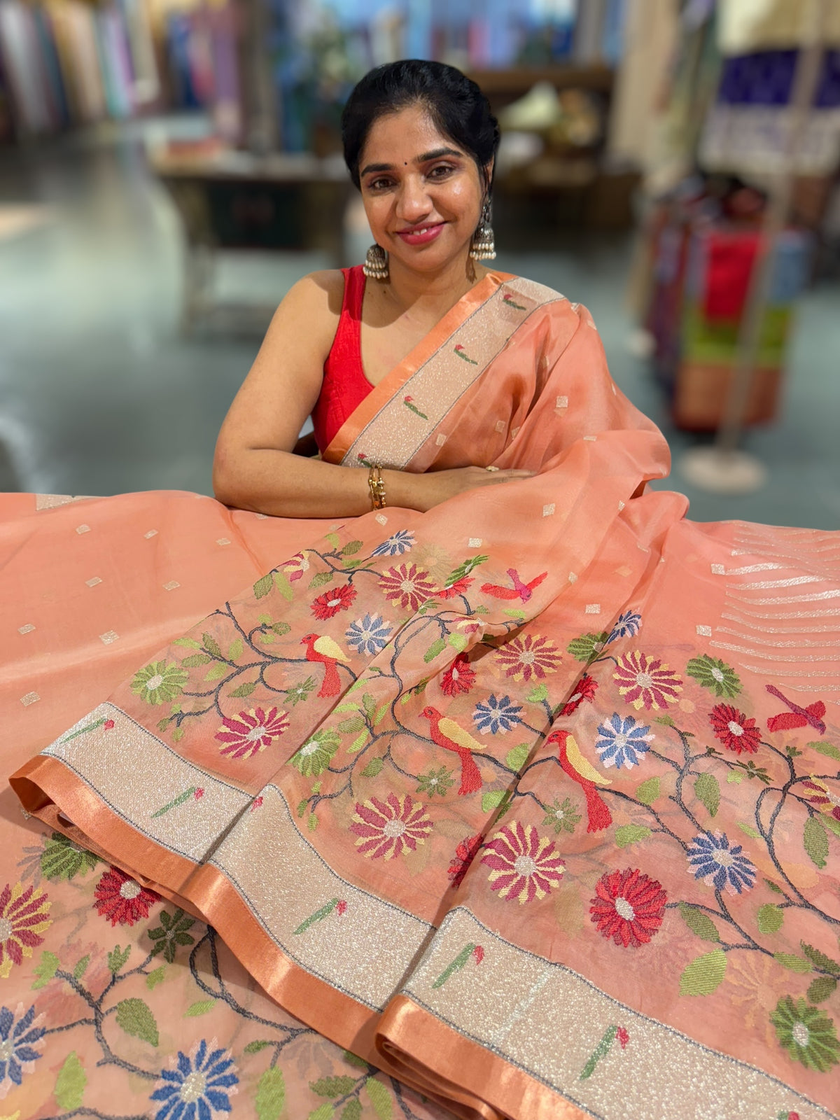 Kanakambaram Pure Organza Saree with pythani insipred embroidery