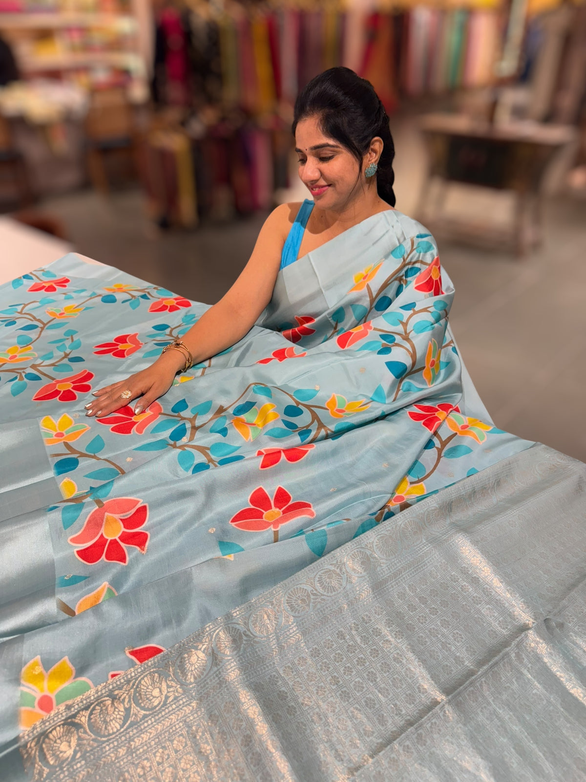Powder Blue Kanchi Soft Silk Saree with ajamdani inspired print