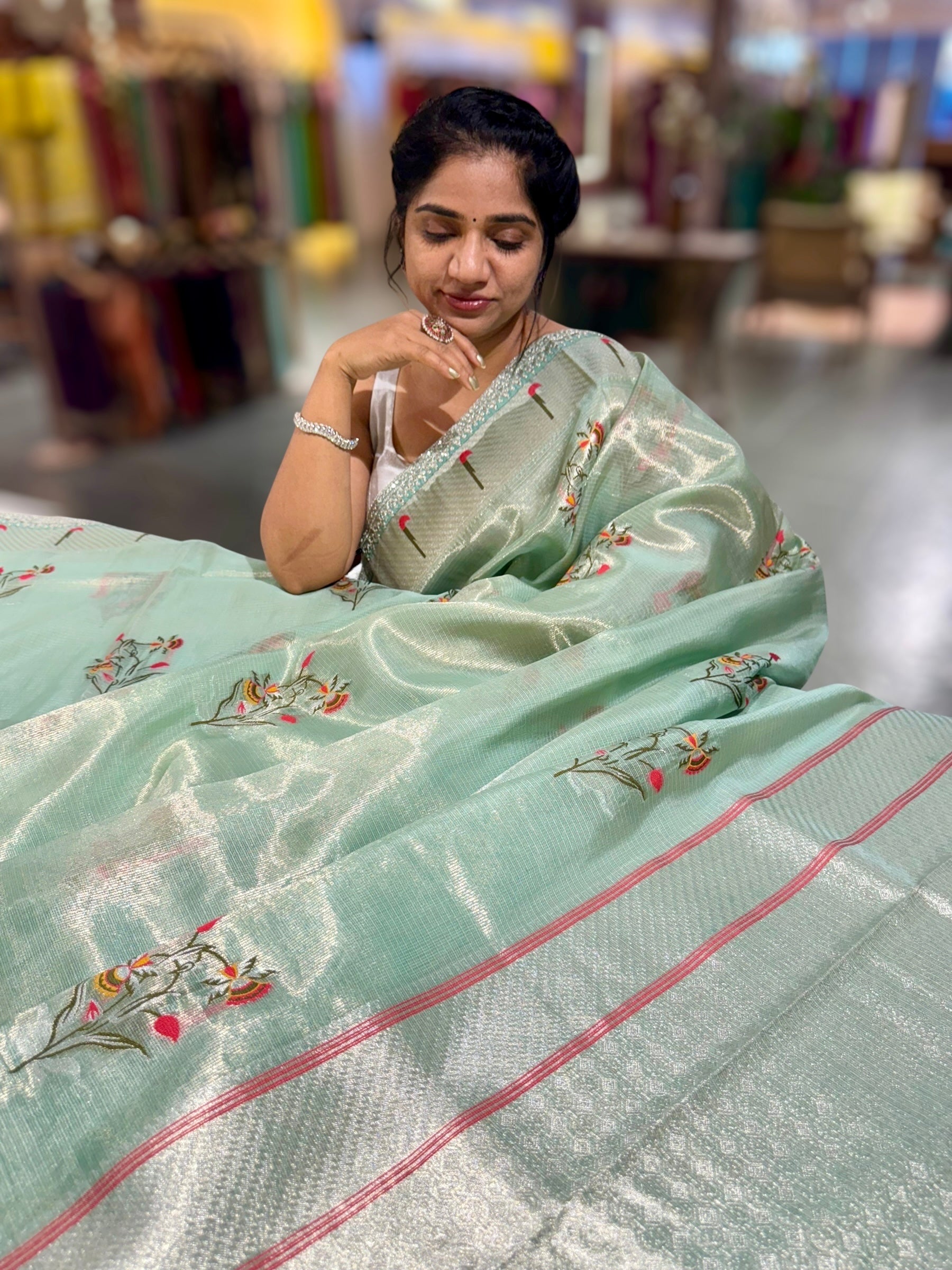 Sea Blue Tissue Kota Saree With sabhyasachi Borders and Blouses