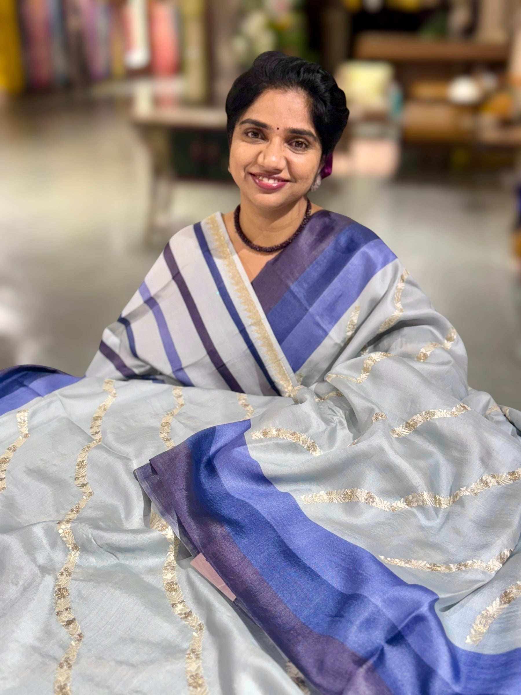 Powder Blue Embroidered Tussar Saree