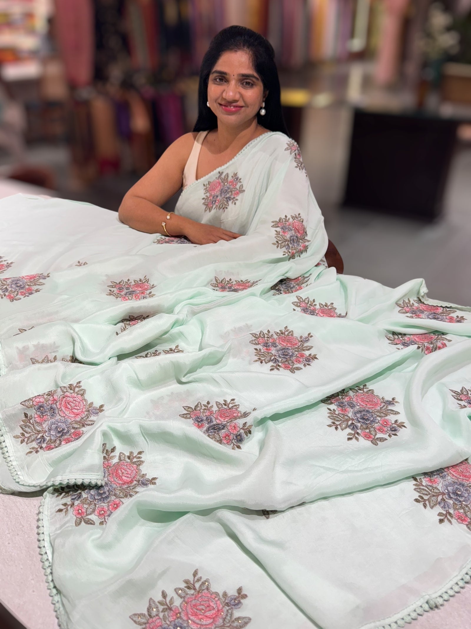 Mint chinnon with embroidery