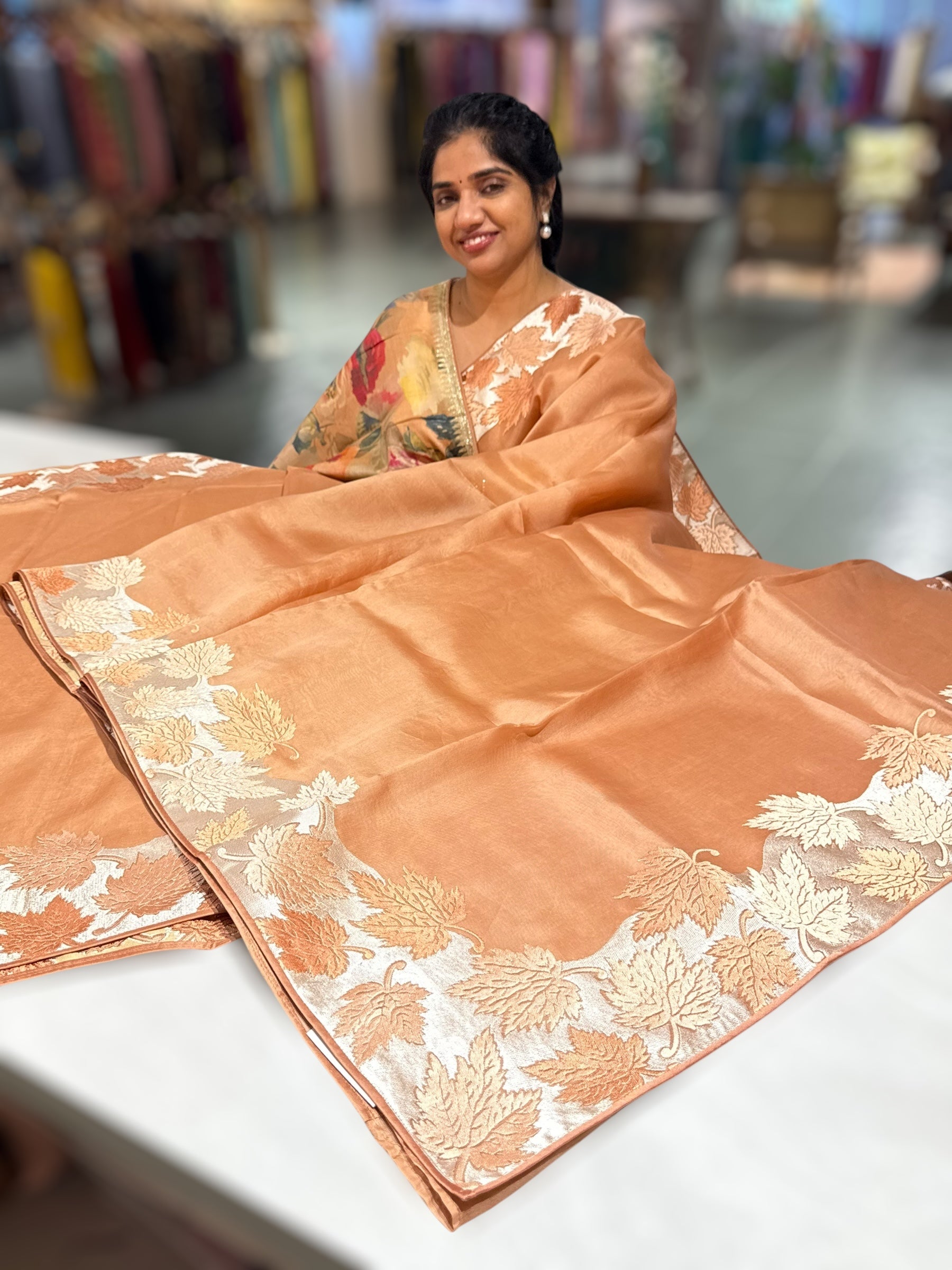 Peach Organza Saree with Stunning Leaf Embroidered Border