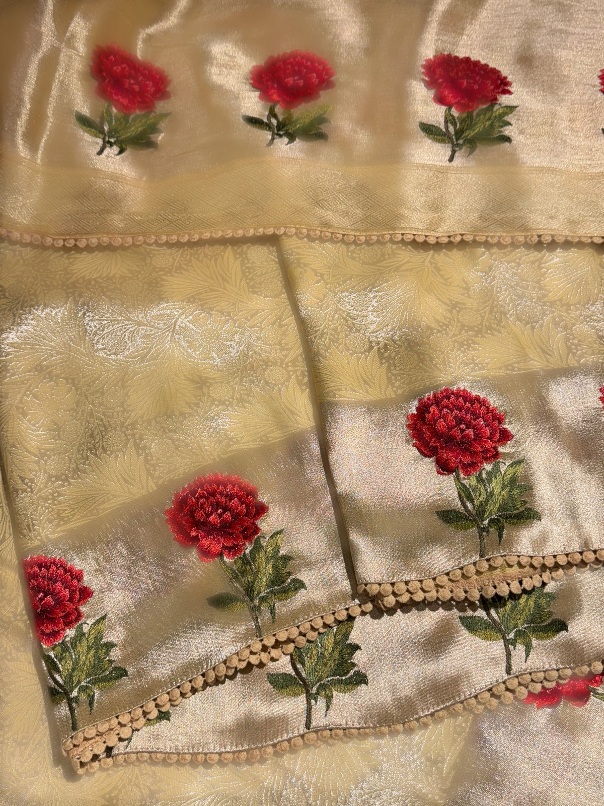 Pastel yellow Banarasi Brocade tissue saree with tonchui style weaving & embroidered dahlia flower border