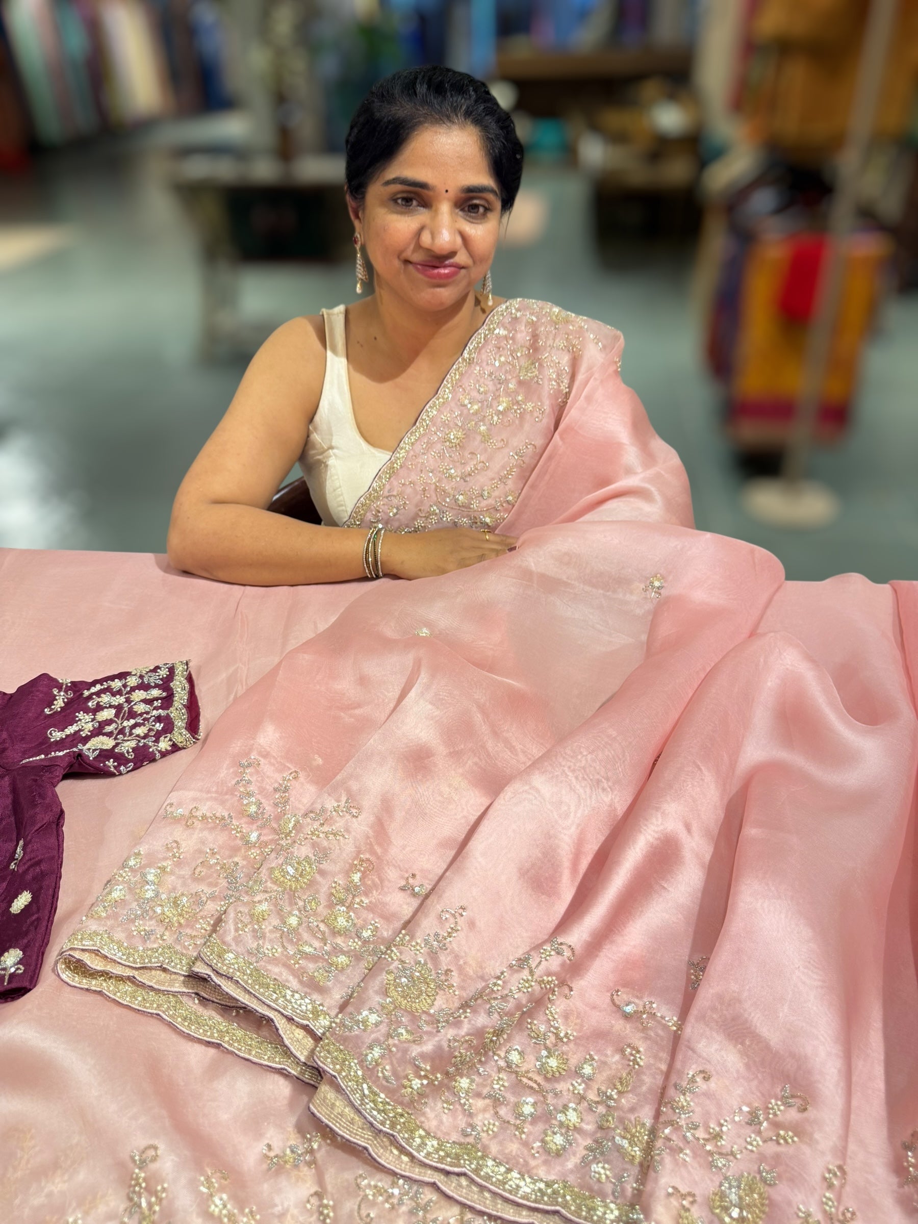 Blush Pink Organza heavy handwork saree with ready to wear blouse