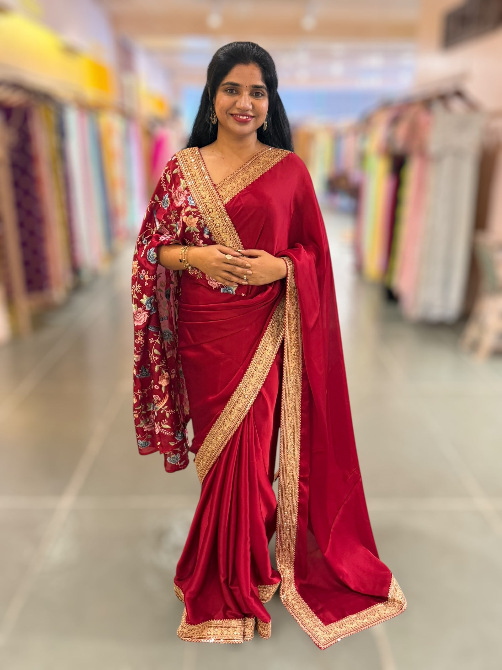 Maroon Red Pure Satin Saree with Sabhyasachi Borders