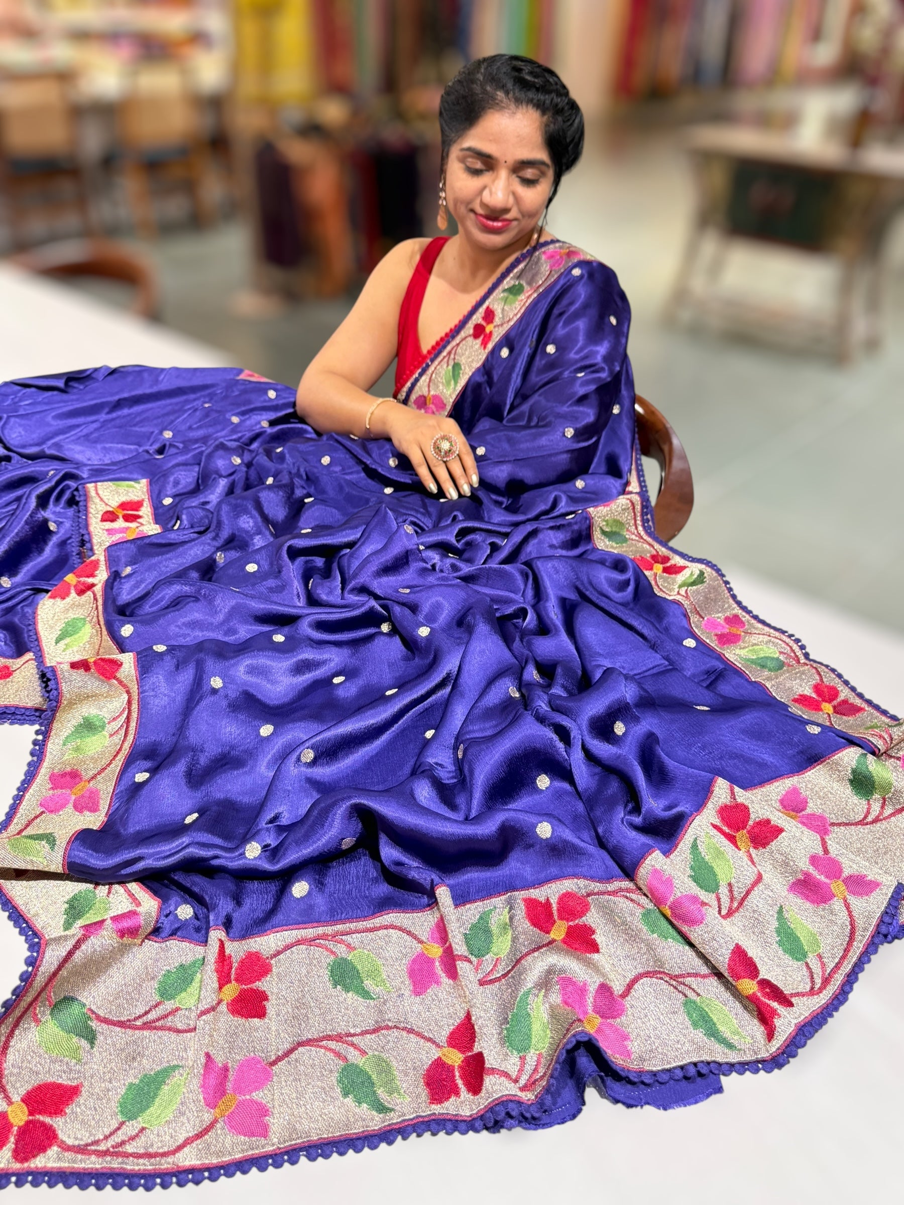 Violet Satin Saree with Paithani Embroidered Border