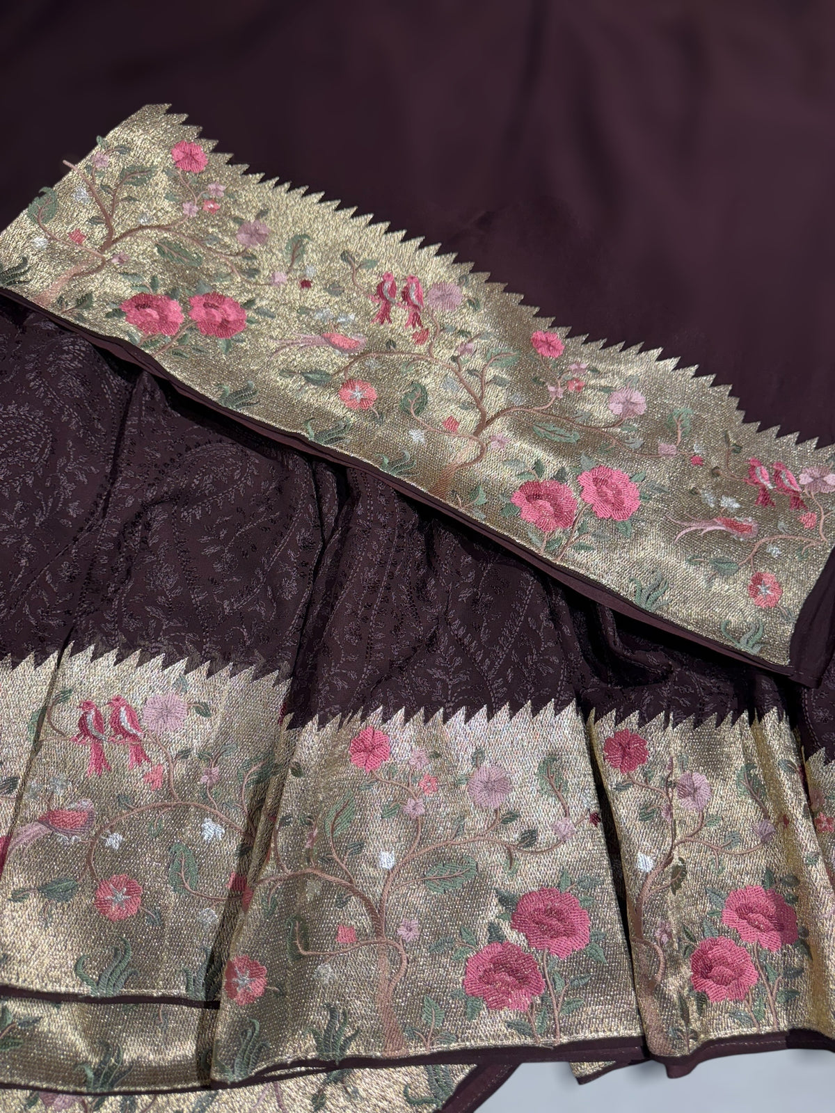 Brown Chikankari Georgette Saree with Tissue embroidered Border