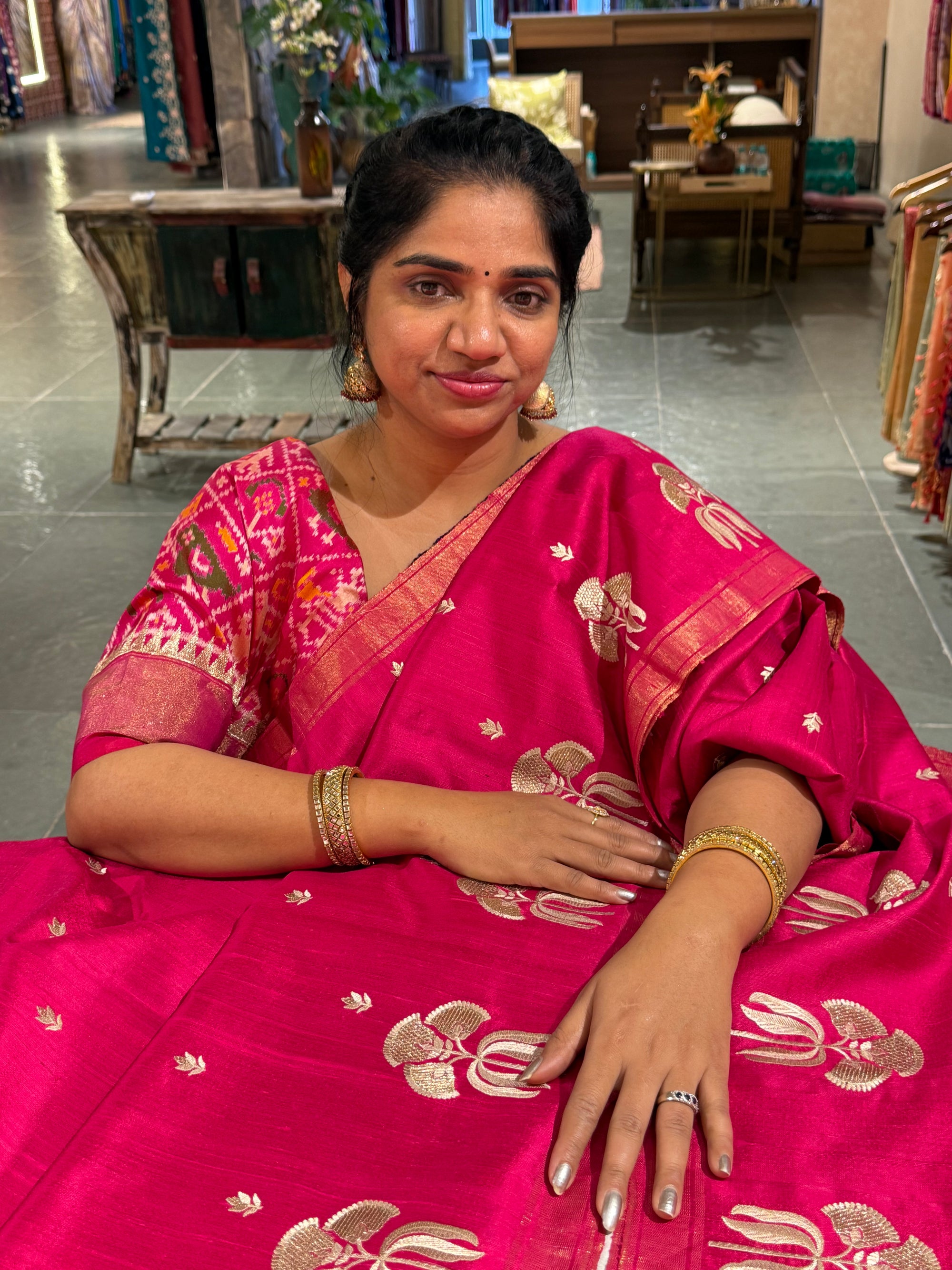Dark Pink Pure Handloom Raw Silk Saree