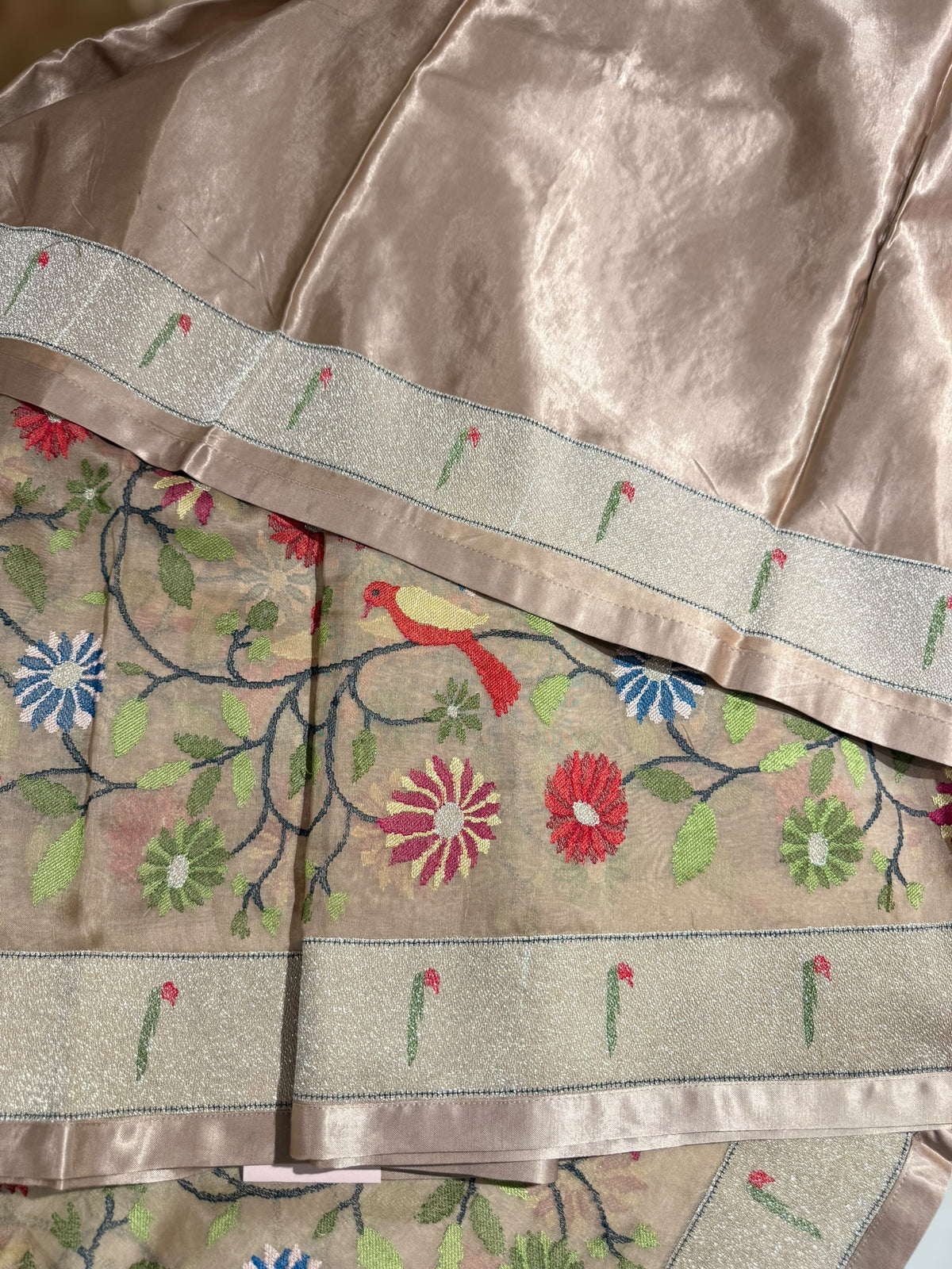 Light Brown Earthy Tone Pure Organza Saree with pythani insipred embroidery