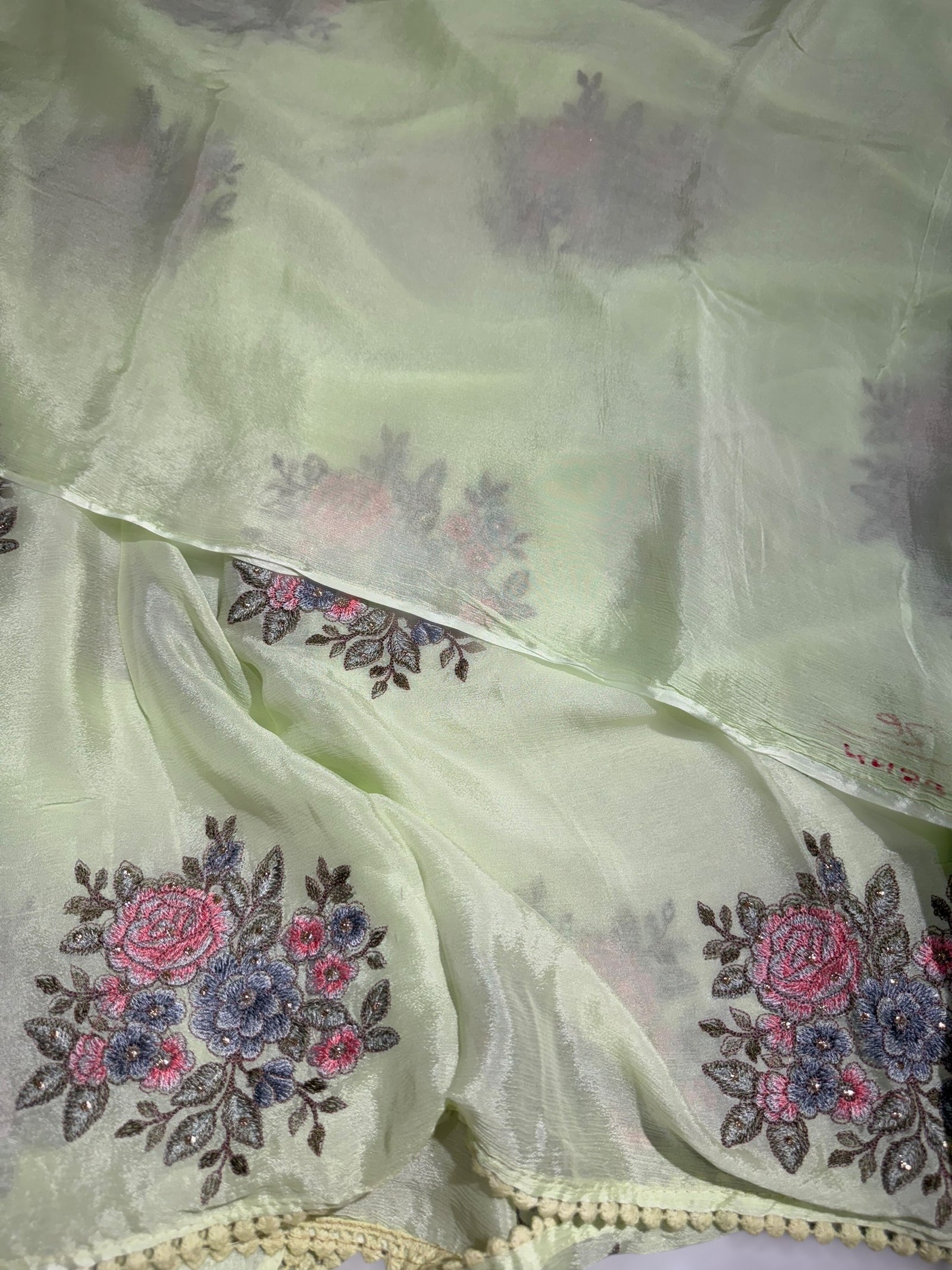 Apple Green chinnon with embroidery