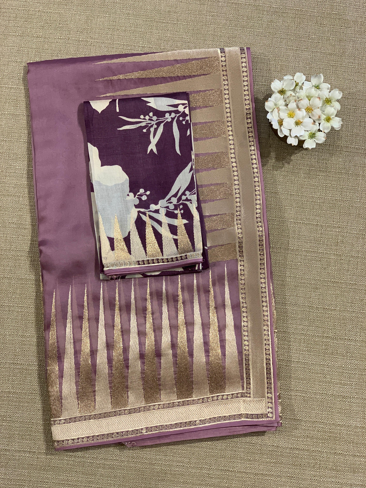 Mauve Pure Organza With Temple Embroidered Border & Tussar Printed Blouse