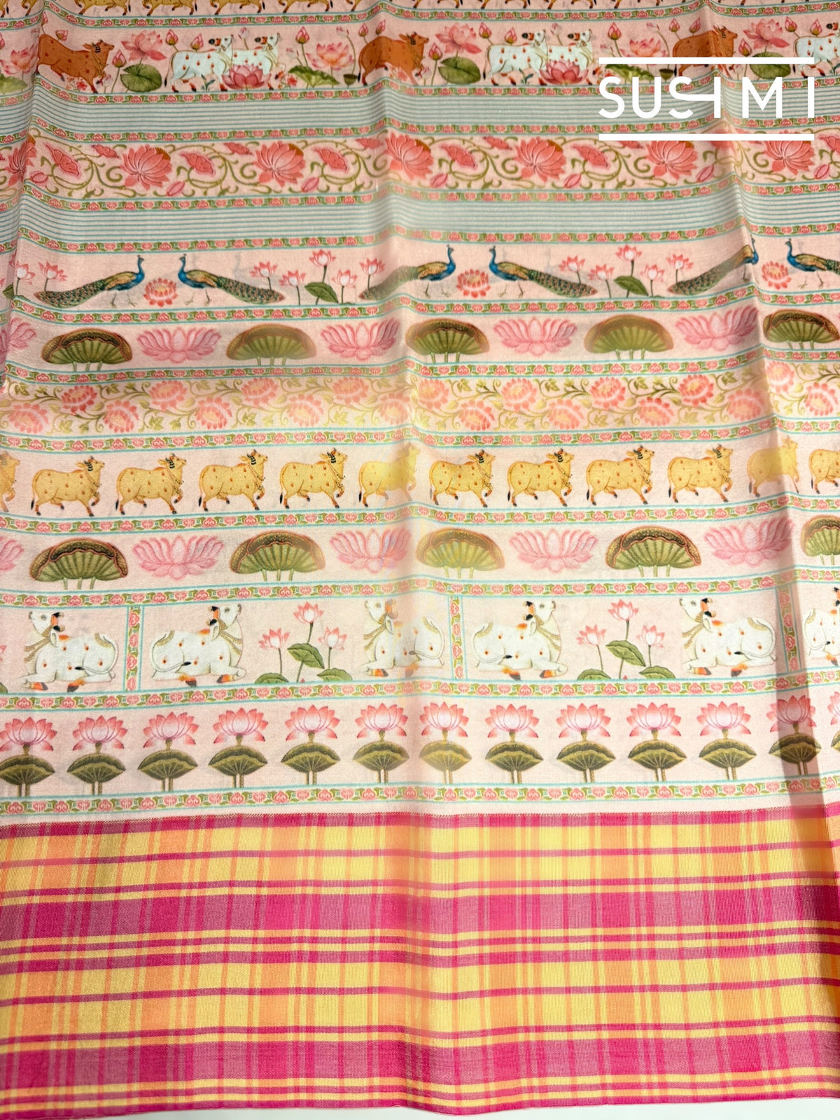 Pastel Pink printed soft silk saree with burberry checks border : D62F036