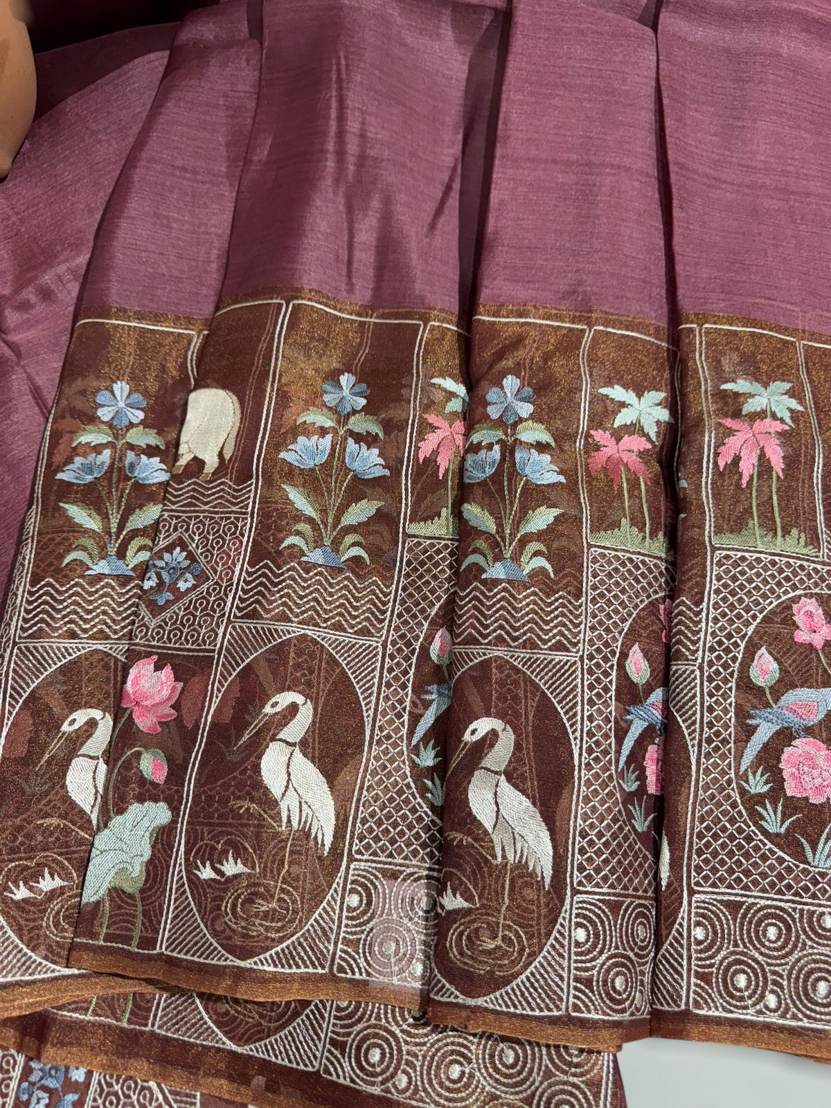 Winish Brown Kora-Tussar blend Handloom Saree with Tissue embroidered Skirt Border